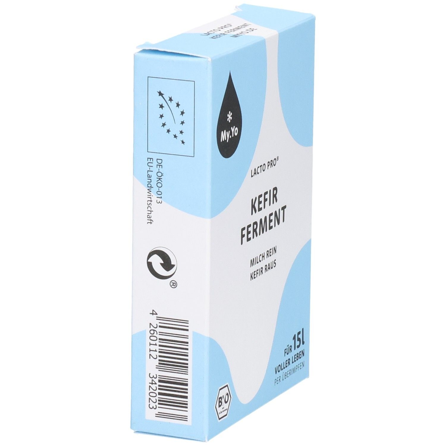 Hellblaue Schachtel, Seitenansicht. Logo: Tropfen mit Stern. Bio-Siegel. Text: Kefir Ferment. EU-Bio-Logo.