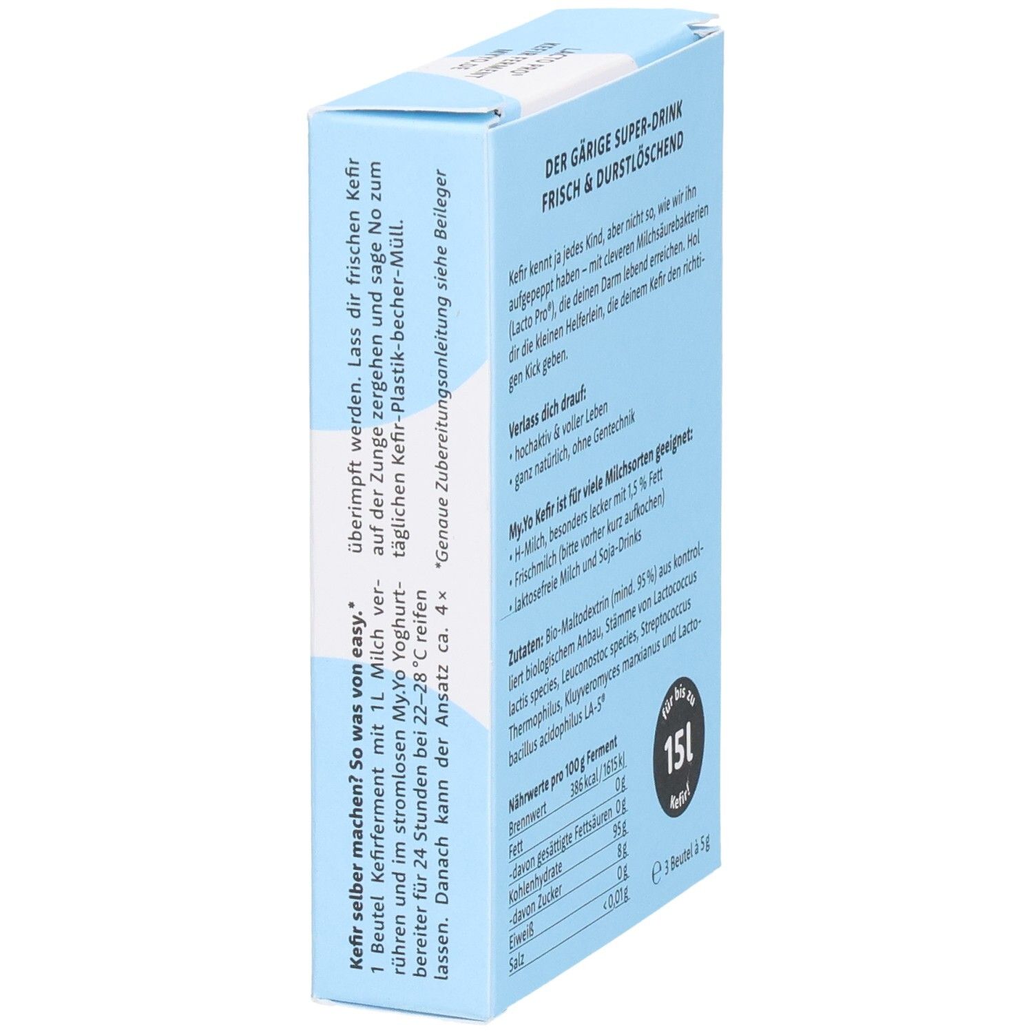Hellblaue Schachtel, Seitenansicht. Text: Zubereitung, Inhaltsstoffe. Bio-Siegel. Text: Für bis zu 15L Kefir.