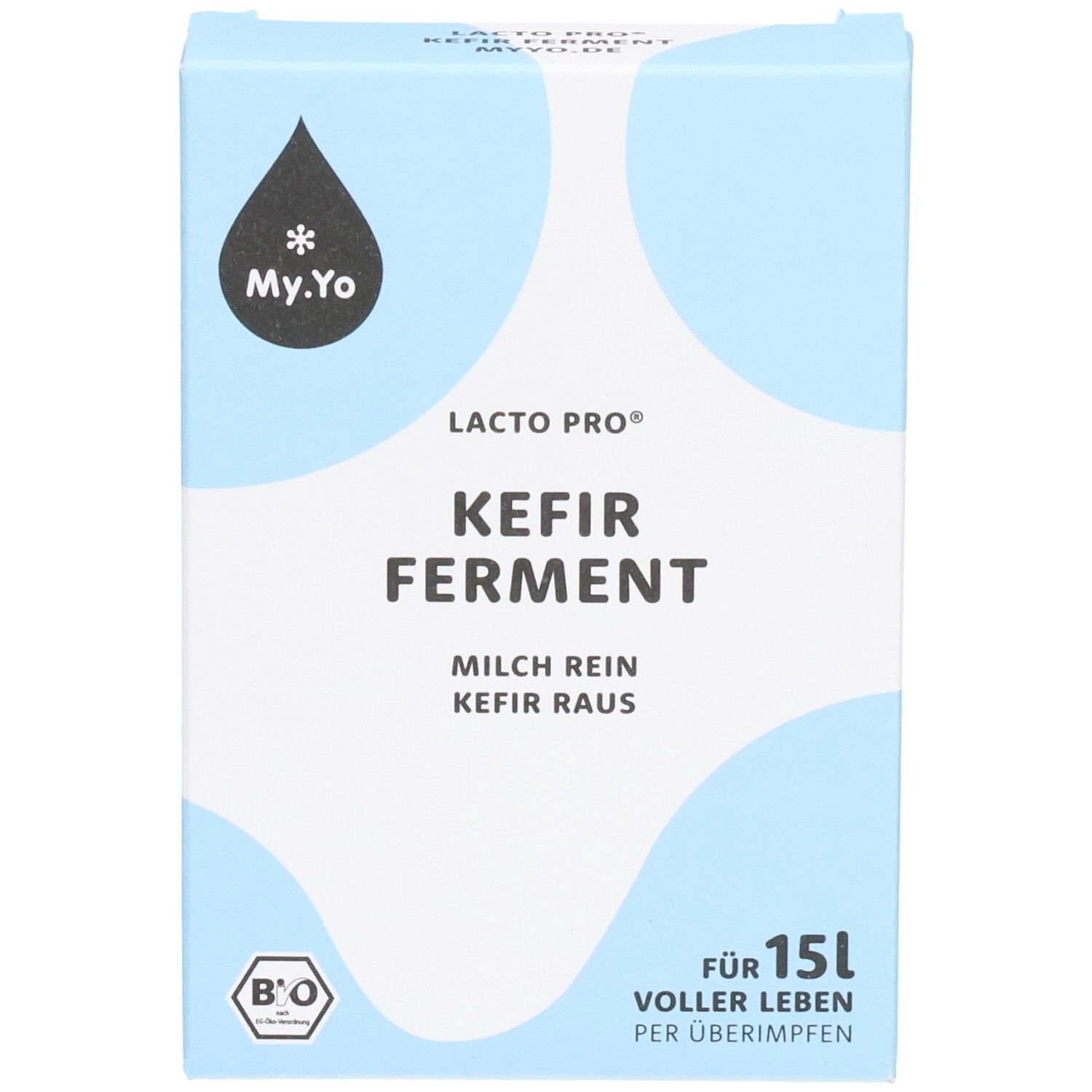 Hellblaue Schachtel mit Aufschrift "Kefir Ferment". Logo: Tropfen mit Stern. Bio-Siegel. Text: Für 15L voller Leben.
