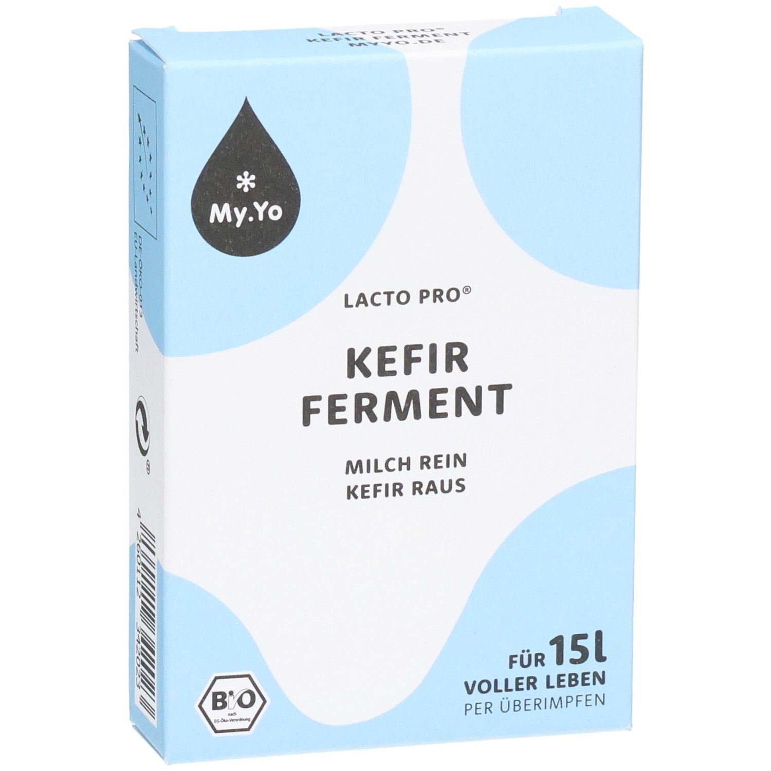 Hellblaue Schachtel mit Aufschrift "Kefir Ferment". Logo: Tropfen mit Stern. Bio-Siegel. Text: Für 15L voller Leben.