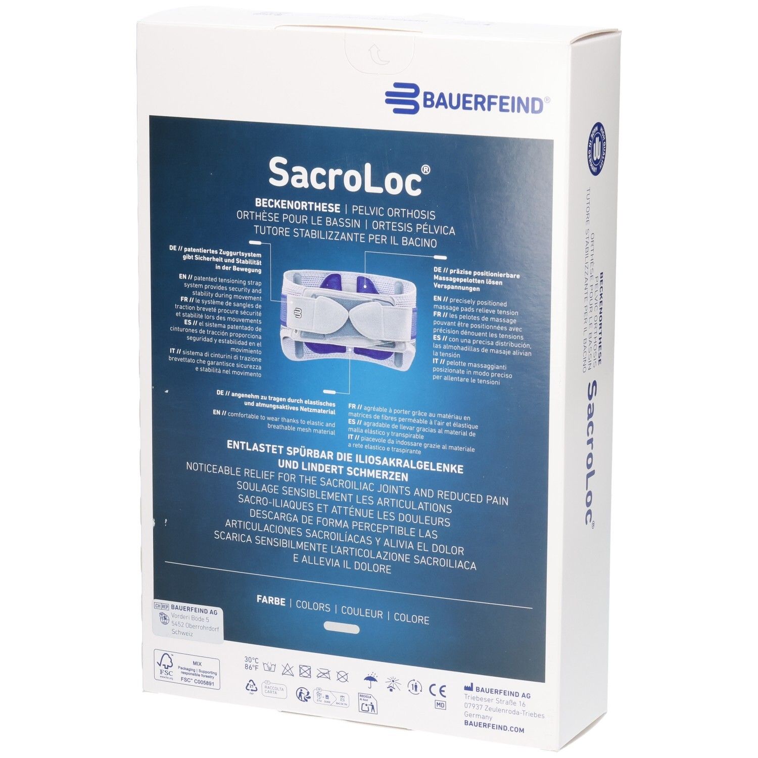 Rückseite der Verpackung der Bauerfeind SacroLoc Beckenorthese mit Produktinformationen.