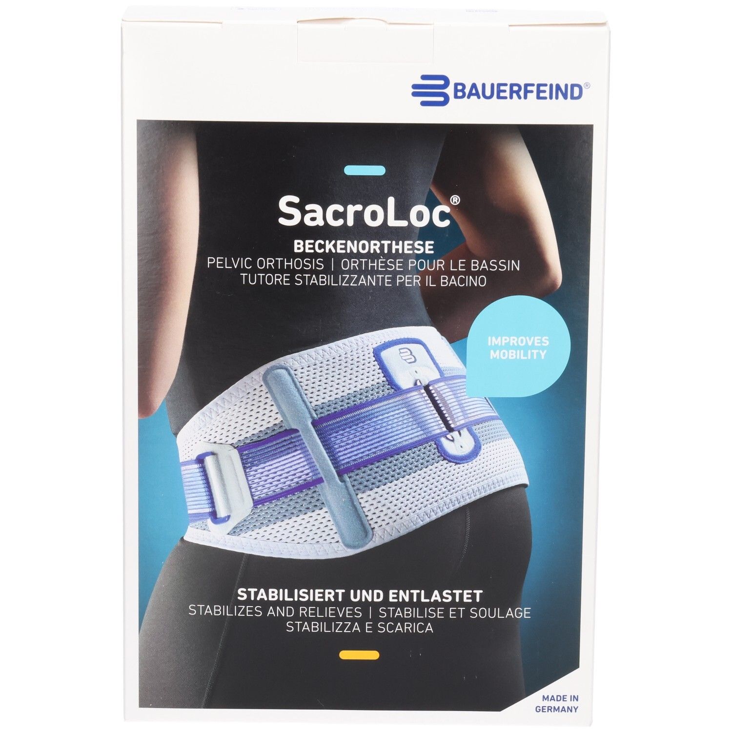 Verpackung der Bauerfeind SacroLoc Beckenorthese mit Abbildung des Produkts.