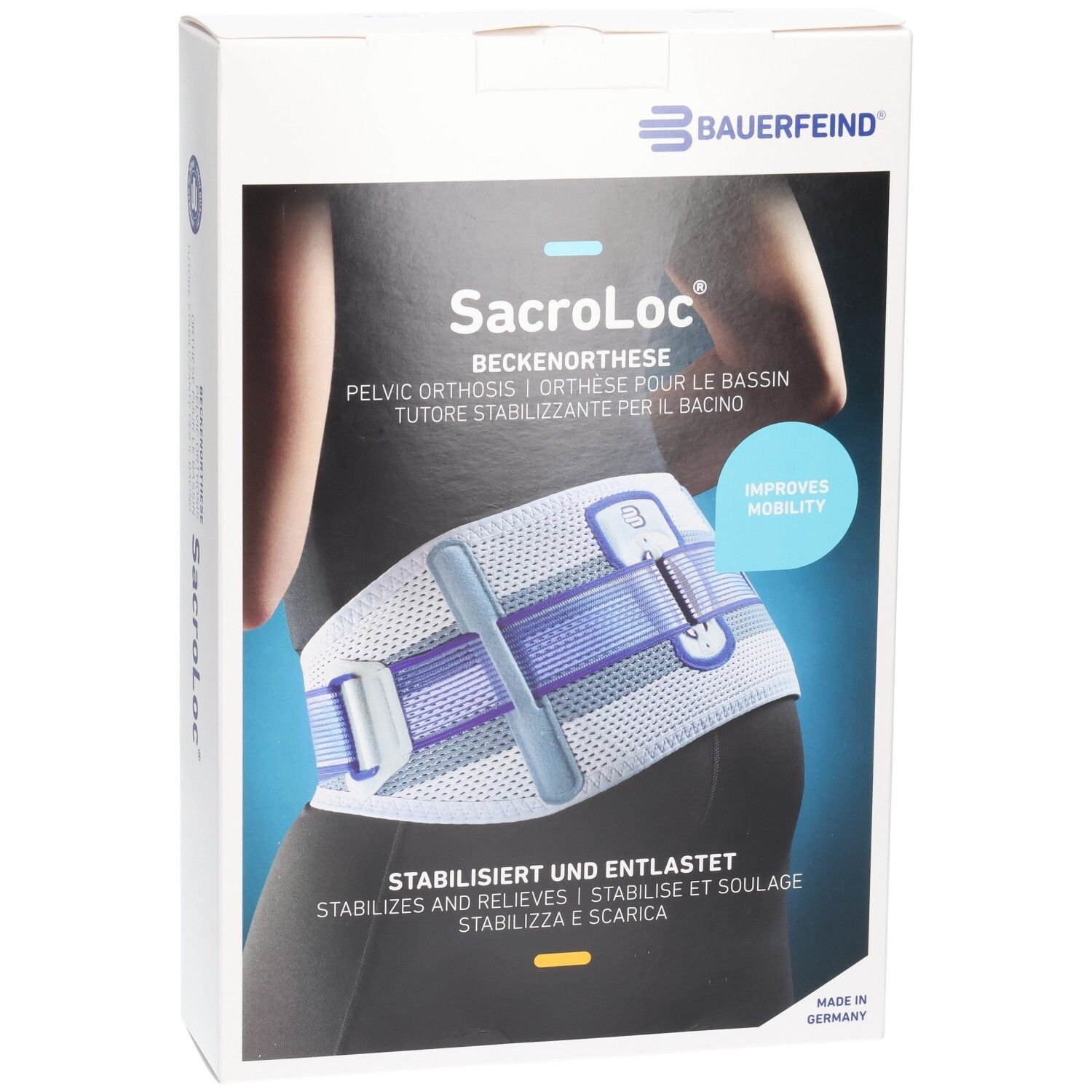 Verpackung der Bauerfeind SacroLoc Beckenorthese mit Abbildung des Produkts.