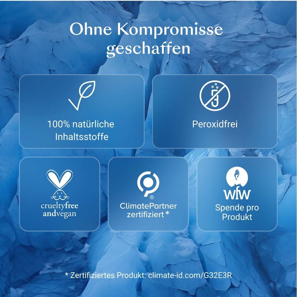 Blauer Hintergrund mit Logos. Text: 100% natürliche Inhaltsstoffe, Peroxidfrei, Crueltyfree andvegan.