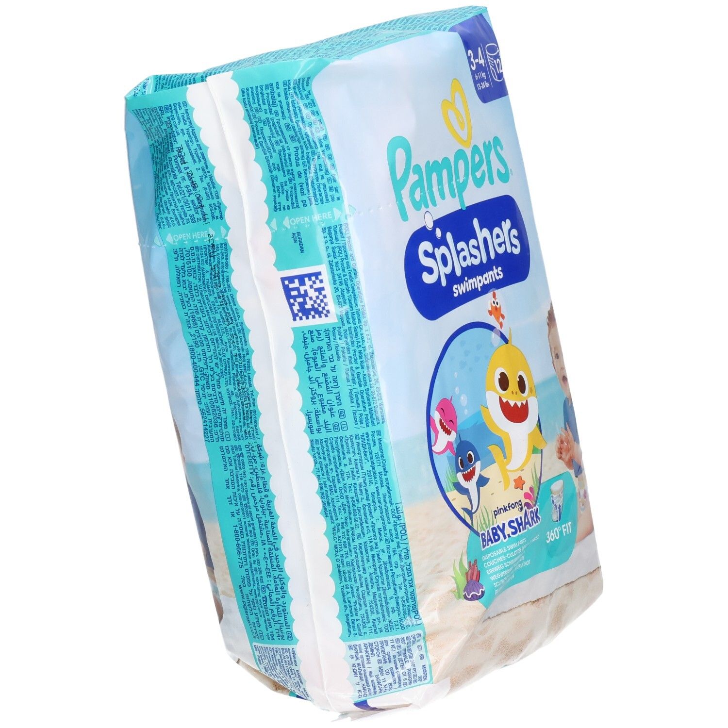 Pampers Splashers Schwimmwindeln, Größe 3-4, Baby Shark Limited Edition. Verpackung. Seitenansicht mit Produktinformationen und QR-Code.