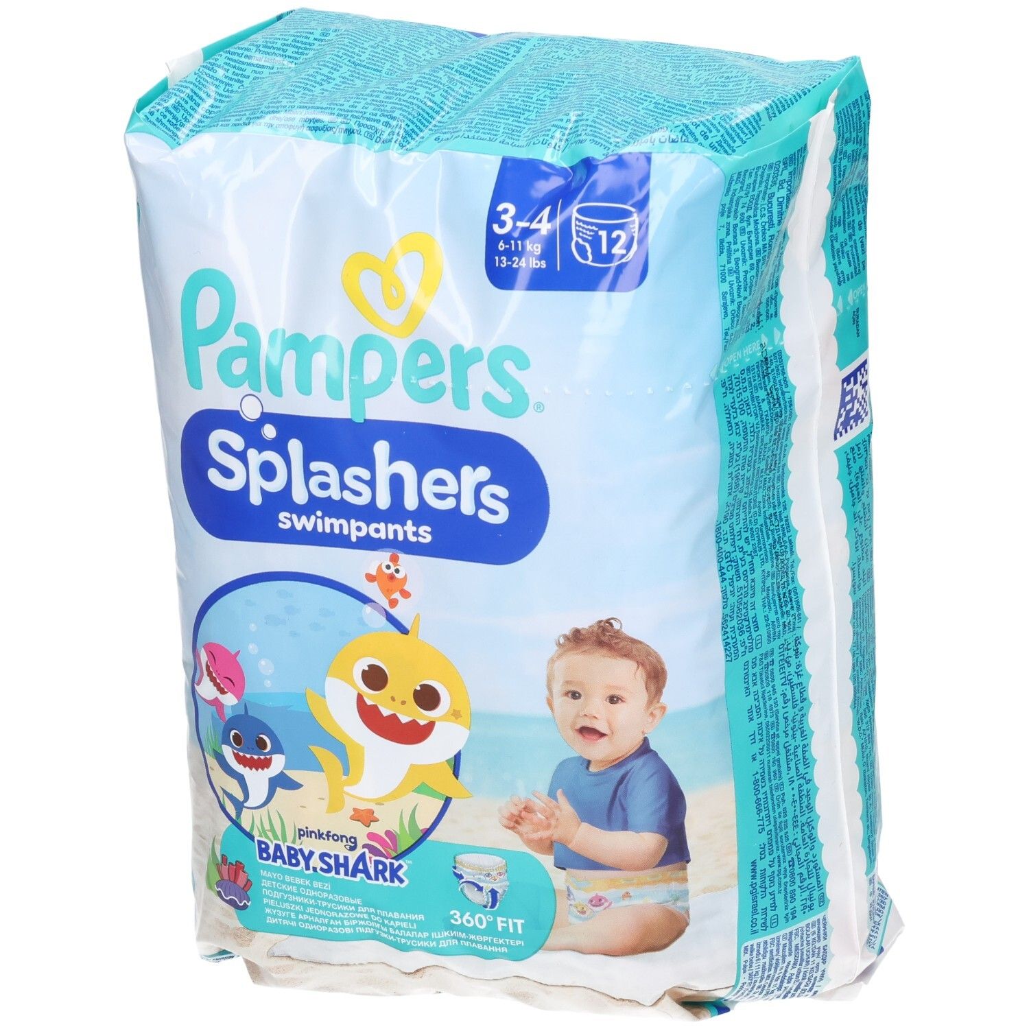 Pampers Splashers Schwimmwindeln, Größe 3-4, Baby Shark Limited Edition. Verpackung mit 12 Stück. Vorderseite mit Baby Shark-Motiv.