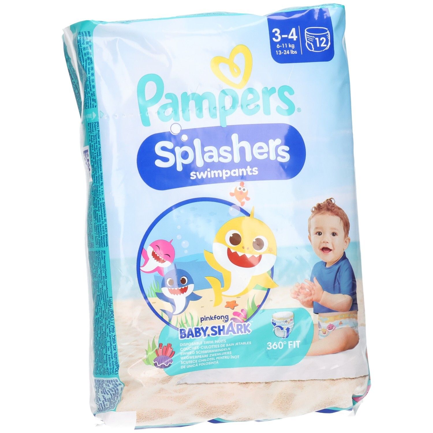 Pampers Splashers Schwimmwindeln, Größe 3-4, Baby Shark Limited Edition. Verpackung mit 12 Stück. Vorderseite mit Baby Shark-Motiv.