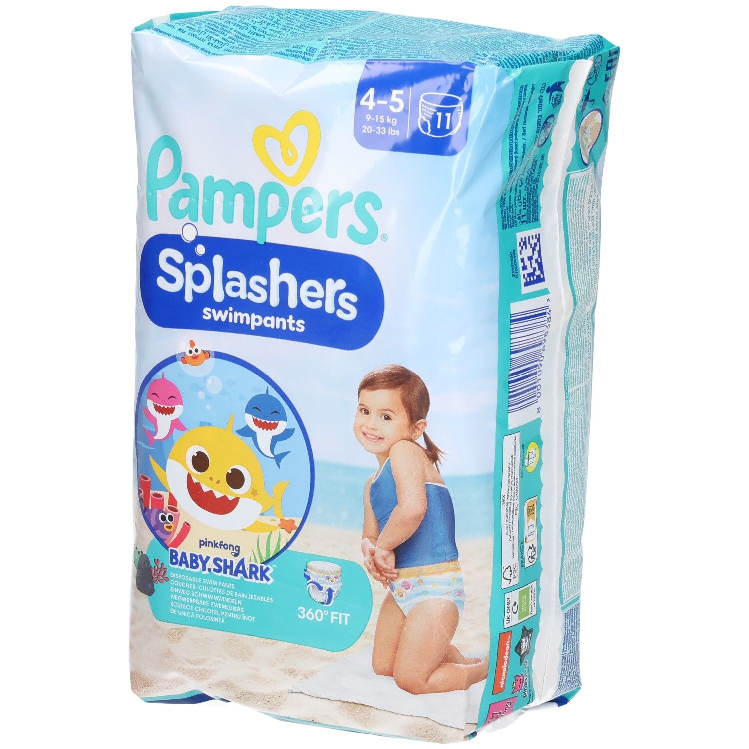 Pampers Splashers Schwimmwindeln, Packung mit 11 Stück. Größe 4-5 (9-15 kg). Baby Shark Design. Verpackung mit Produktabbildung.