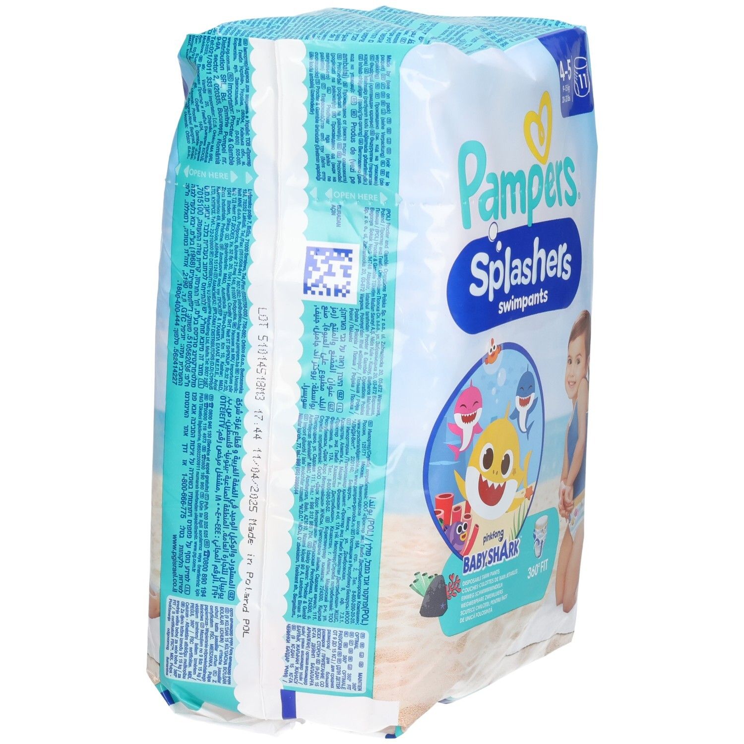 Pampers Splashers Schwimmwindeln-Packung, Seitenansicht. Text und Barcode sichtbar. Baby Shark Design. Größe 4-5 (9-15 kg).