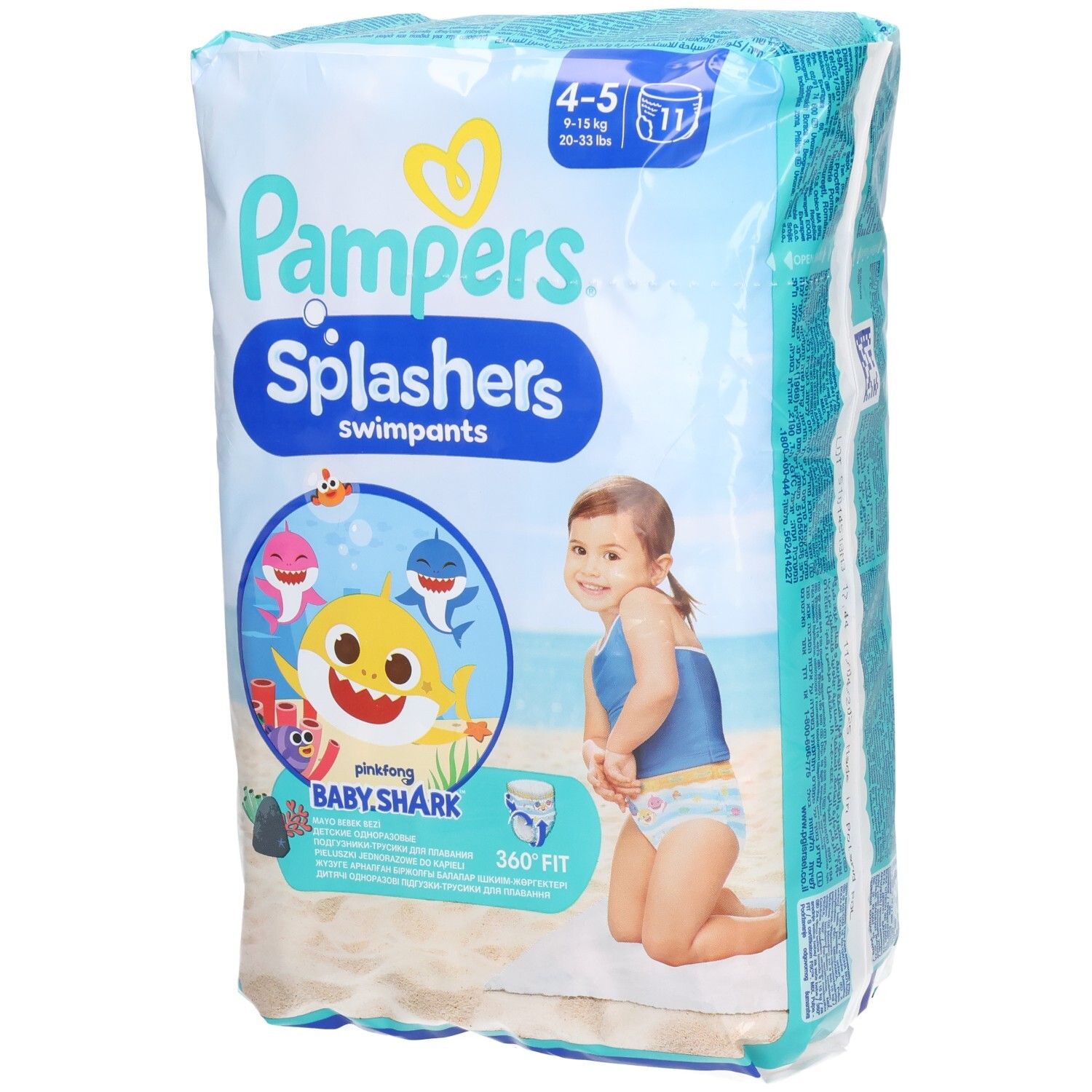 Pampers Splashers Schwimmwindeln, Packung mit 11 Stück. Größe 4-5 (9-15 kg). Baby Shark Design. Verpackung mit Produktabbildung.