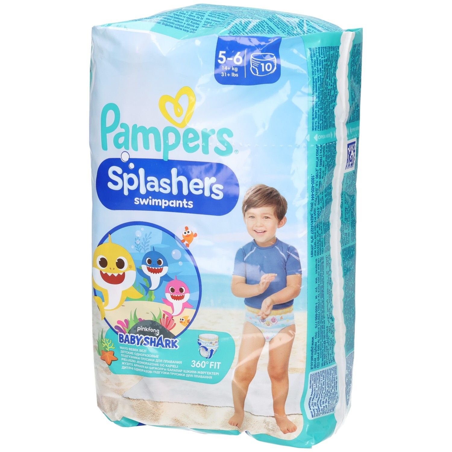 Verpackung von Pampers Splashers Schwimmwindeln. Größe 5-6, 10 Stück. Baby Shark-Design. Kind am Strand.