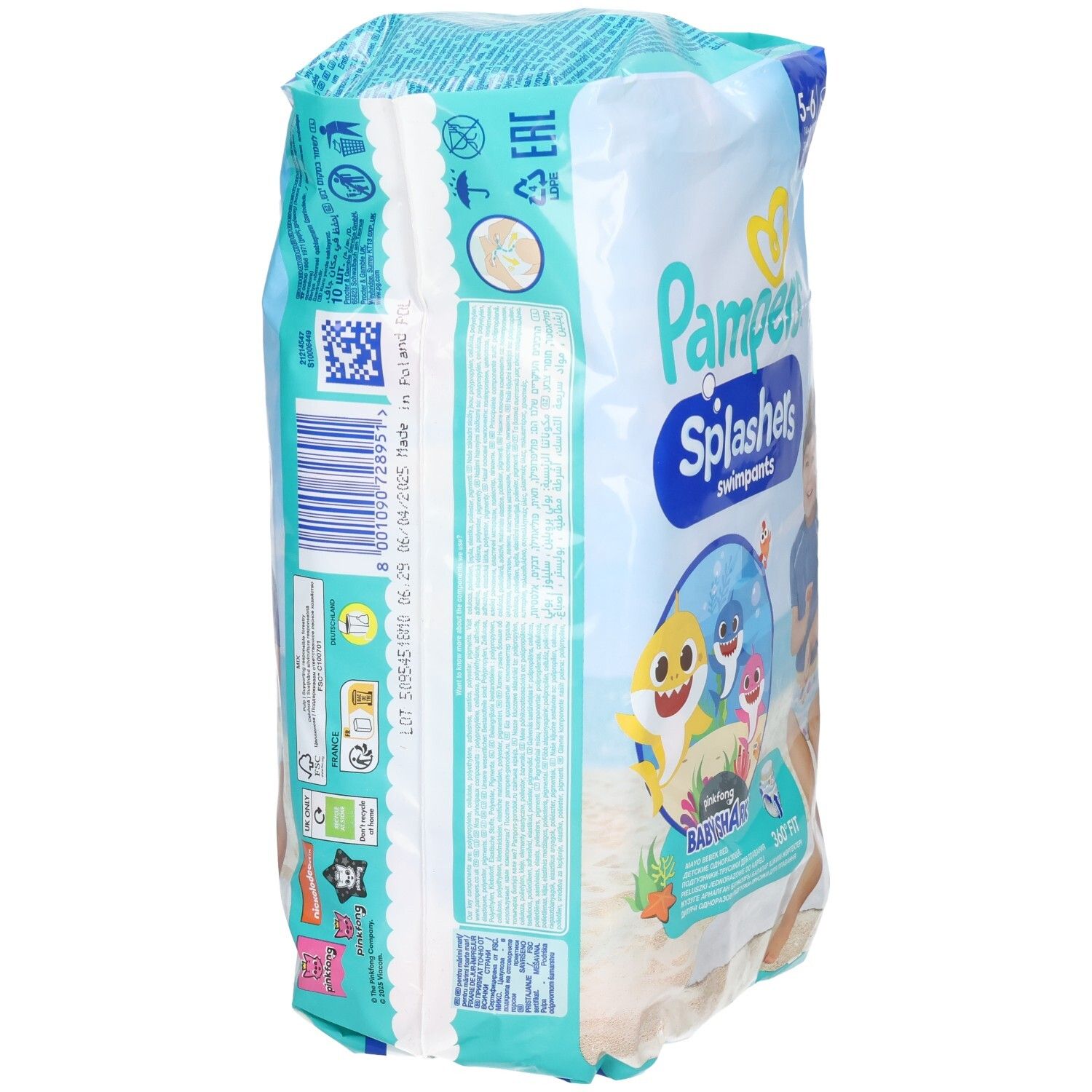 Rückseite der Verpackung von Pampers Splashers Schwimmwindeln. Text und QR-Code. Baby Shark-Design.