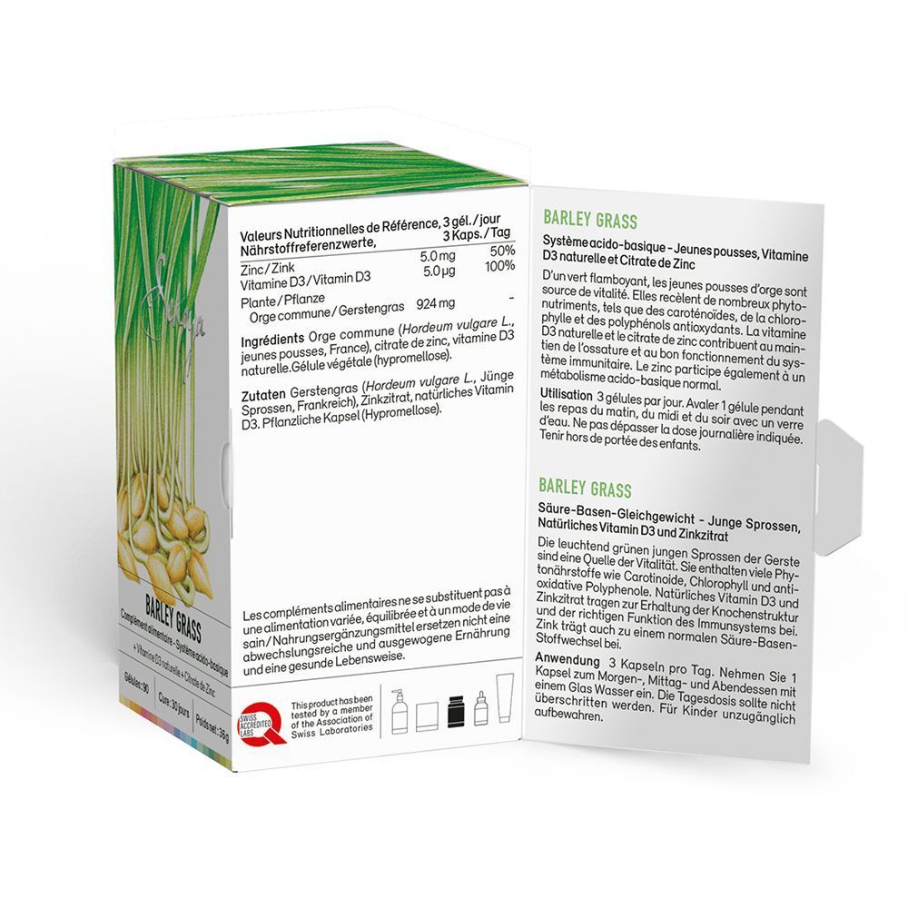 Grüne Schachtel mit Text und Illustration von Barley Grass. Enthält Nährwertangaben und Inhaltsstoffe. Aufschrift: Barley Grass.