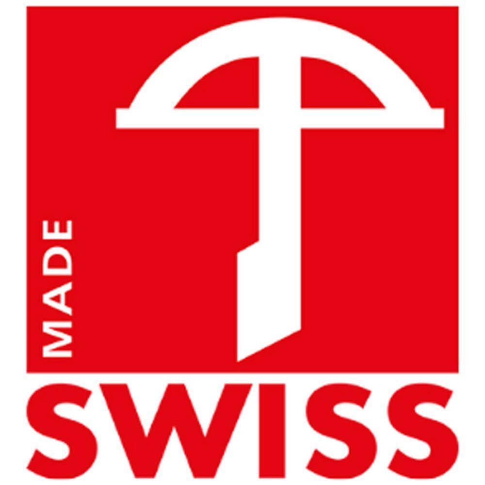 Rotes Quadrat mit weißem Kreuz und Schriftzug MADE SWISS. Das Logo ist ein Qualitätszeichen.