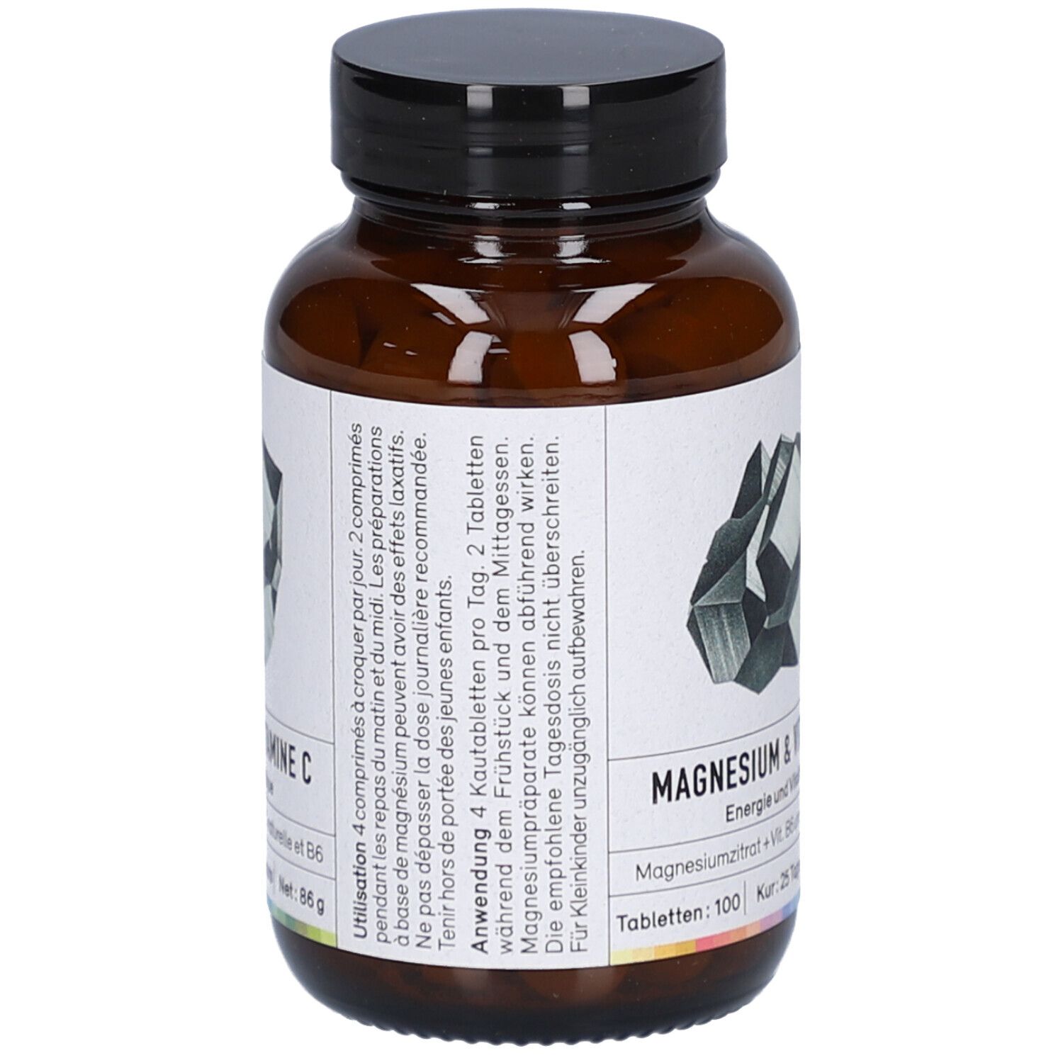 Braune Glasflasche mit schwarzem Deckel. Etikett mit Produktinformationen. Text: Magnesium & Vitamin C, 86 g.