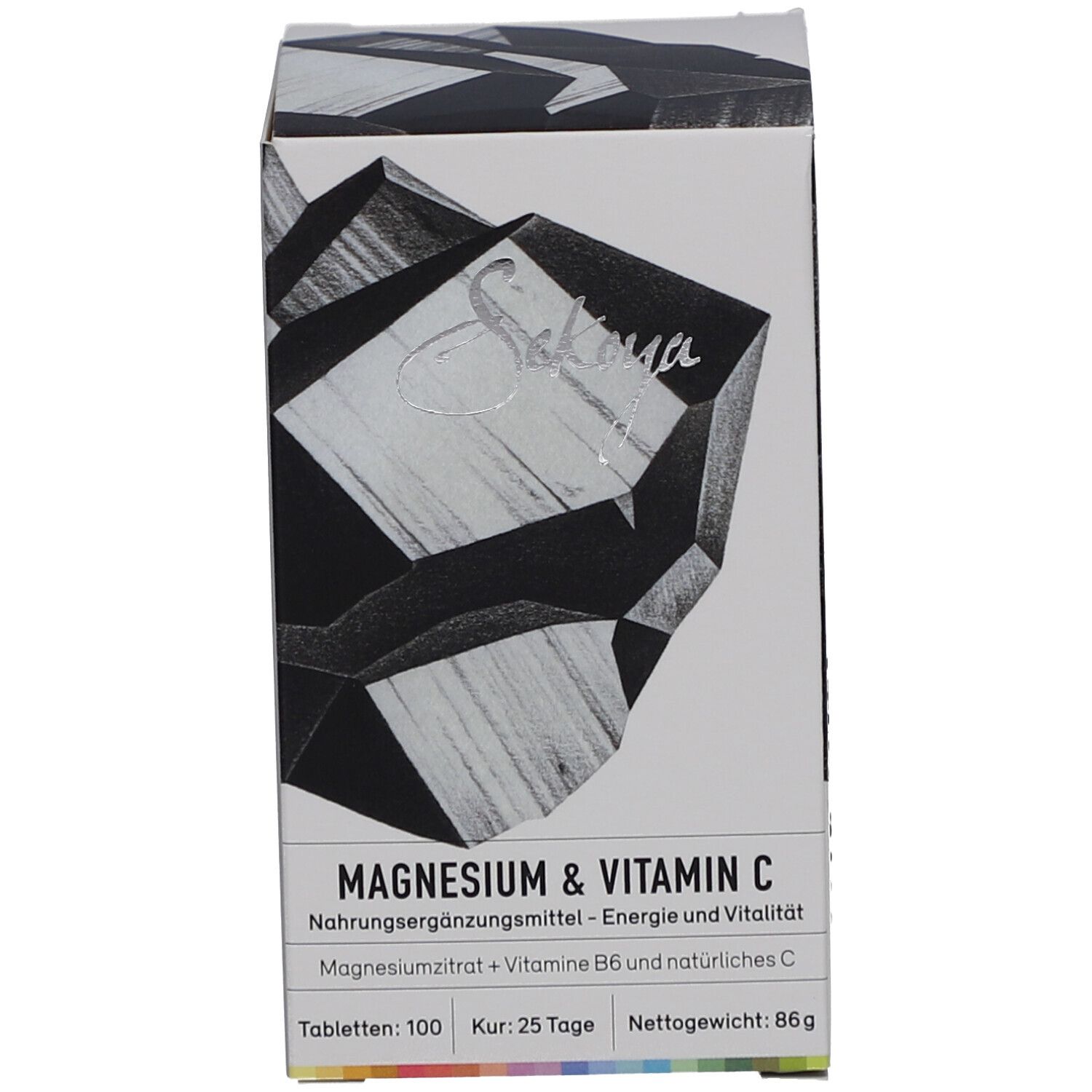 Weiße Schachtel mit Produktnamen: Magnesium & Vitamin C. 100 Tabletten, 86 g. Logo.