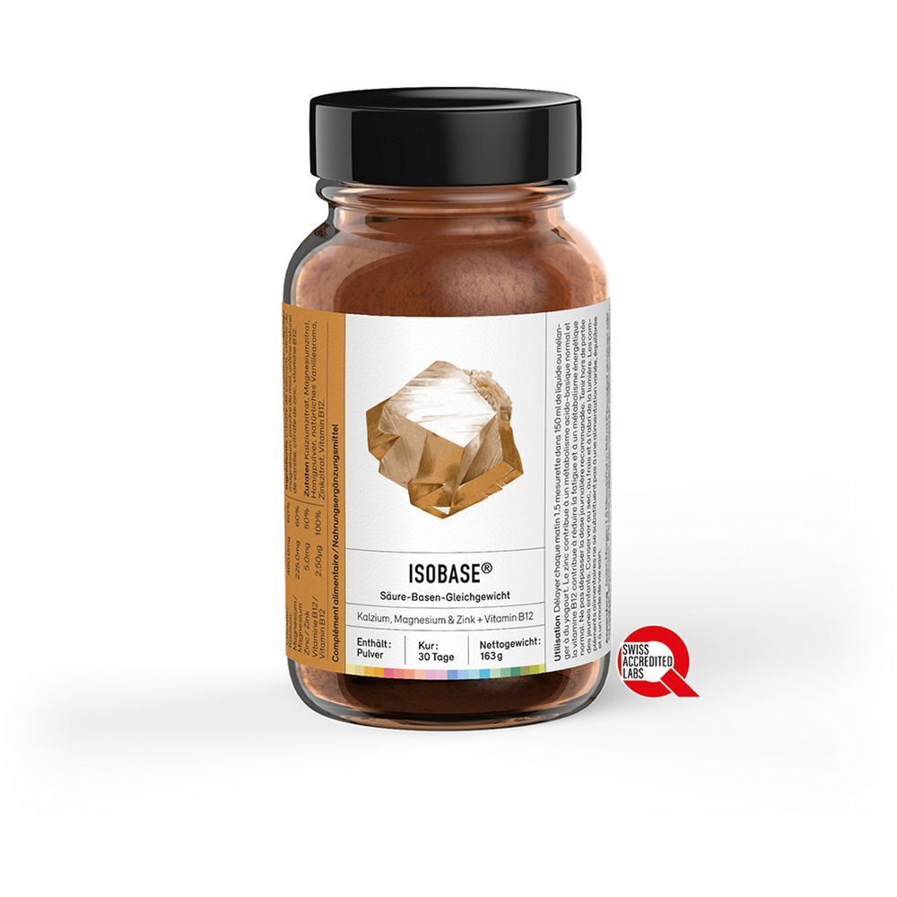 Braune Pulver in Glasflasche mit schwarzem Deckel. Etikett mit Produktnamen, Inhaltsstoffen und Swiss Accredited Quality Label.