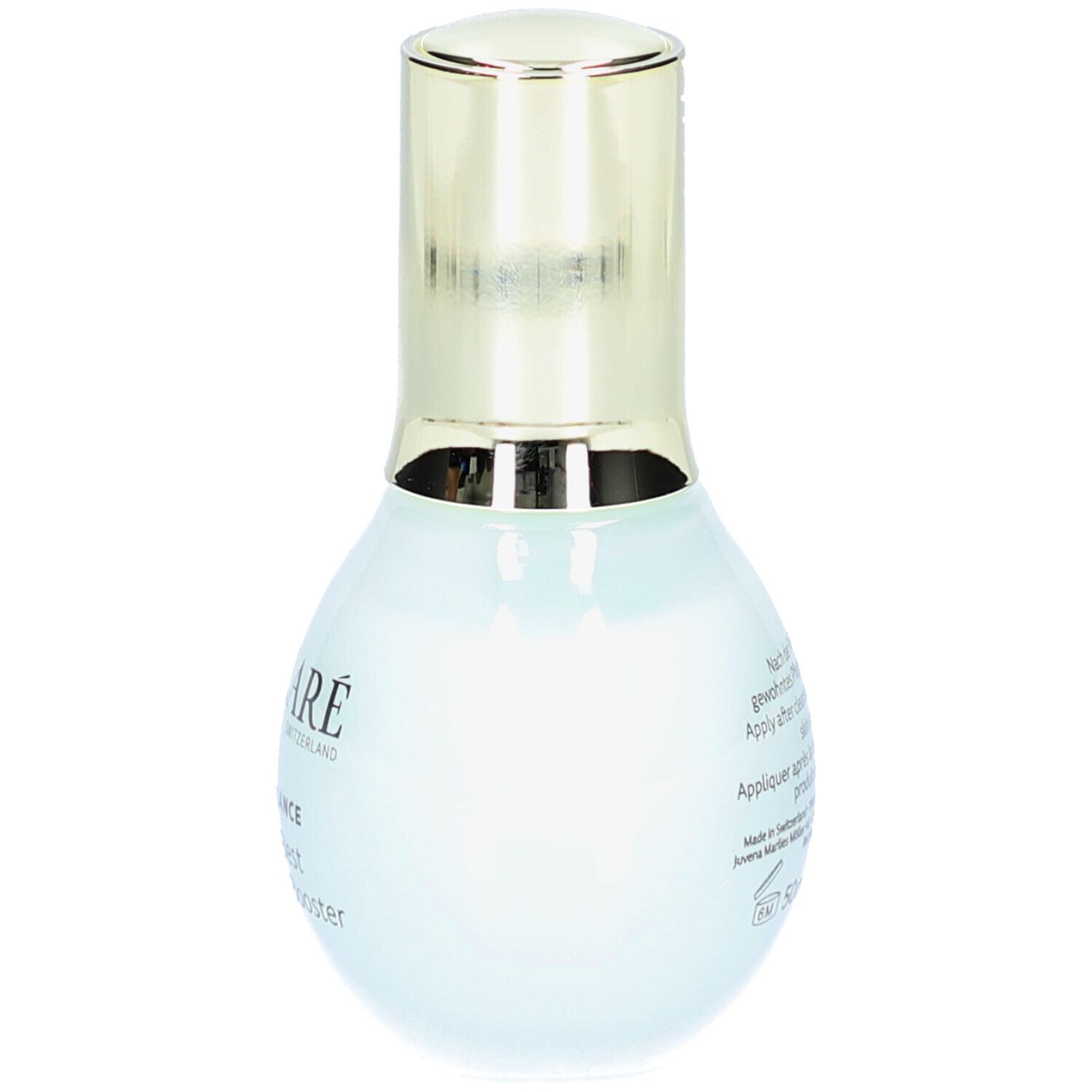 Hellblaue Flasche mit goldfarbenem Deckel. Aufschrift: DECLARÉ, HYDRO BALANCE, Ocean's Best Hyaluron triple Booster.