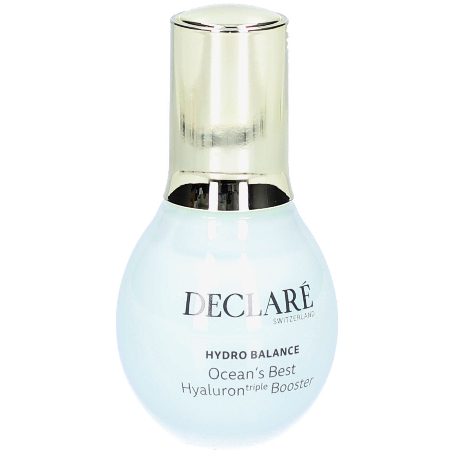 Hellblaue Flasche mit goldfarbenem Deckel. Aufschrift: DECLARÉ, HYDRO BALANCE, Ocean's Best Hyaluron triple Booster.