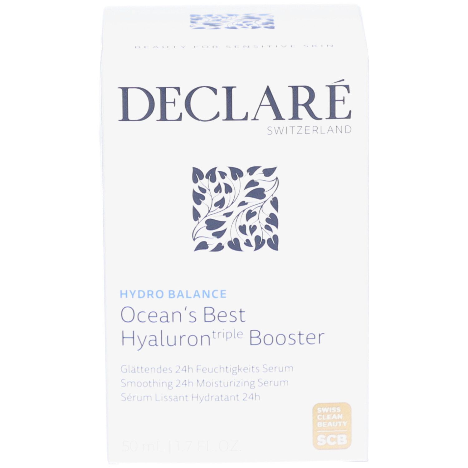 Produktverpackung. Aufschrift: DECLARÉ, HYDRO BALANCE, Ocean's Best Hyaluron triple Booster. Mit Zertifizierung.