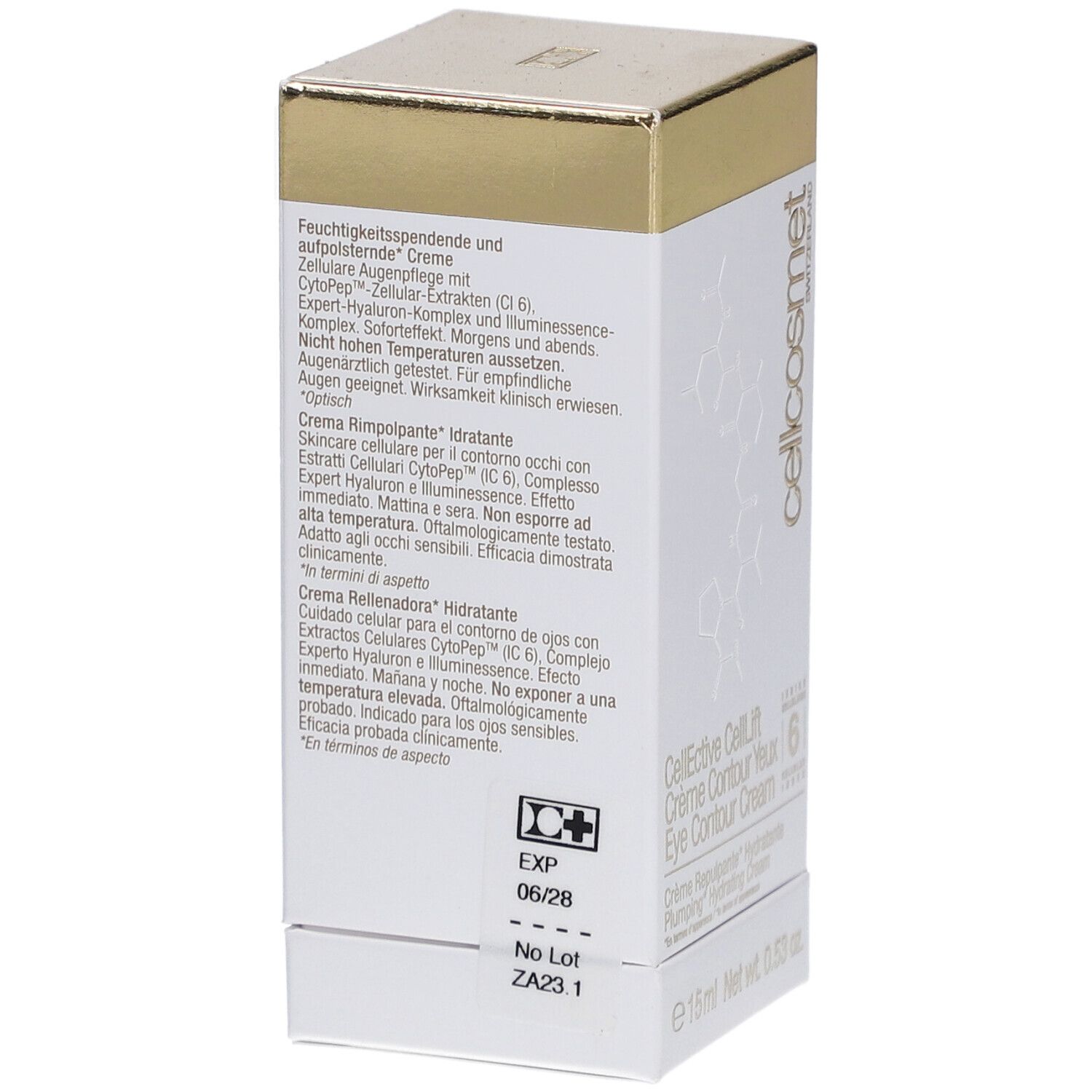 Weiße Schachtel mit goldfarbenem Deckel. Text in deutscher und italienischer Sprache. Aufschrift: Cellcosmet, Eye Contour Cream.