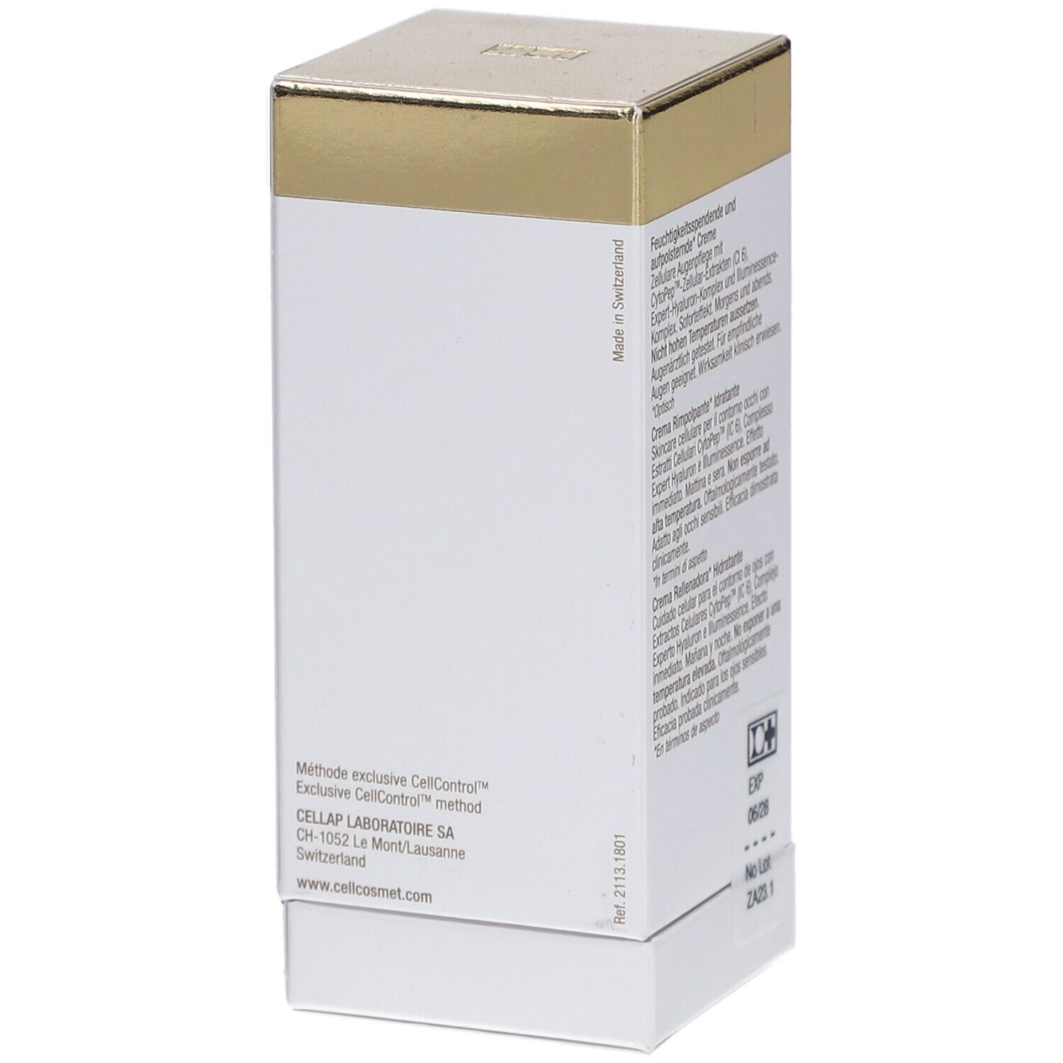 Weiße Schachtel mit goldfarbenem Deckel. Text in deutscher und französischer Sprache. Aufschrift: Cellcosmet.