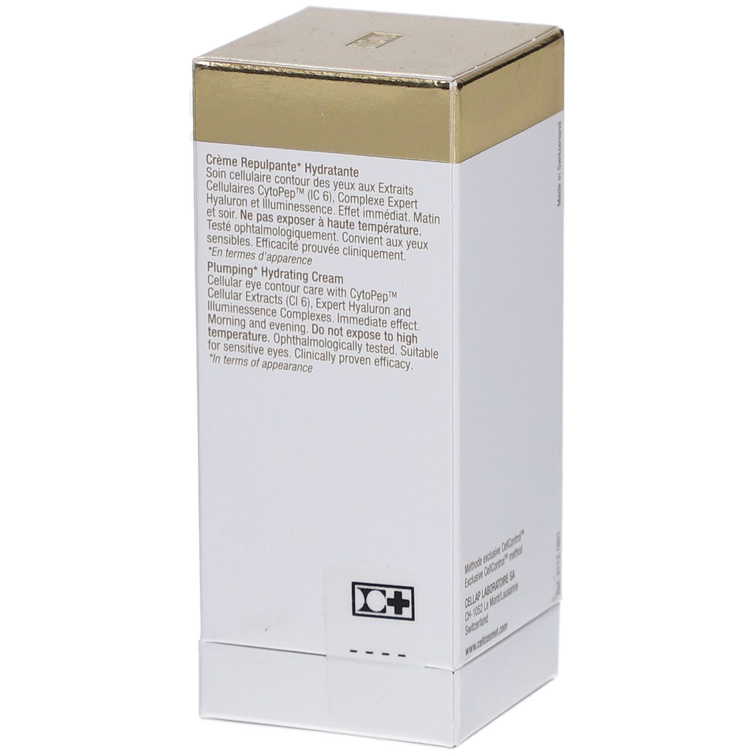 Weiße Schachtel mit goldfarbenem Deckel. Text in deutscher und englischer Sprache. Aufschrift: Cellcosmet.