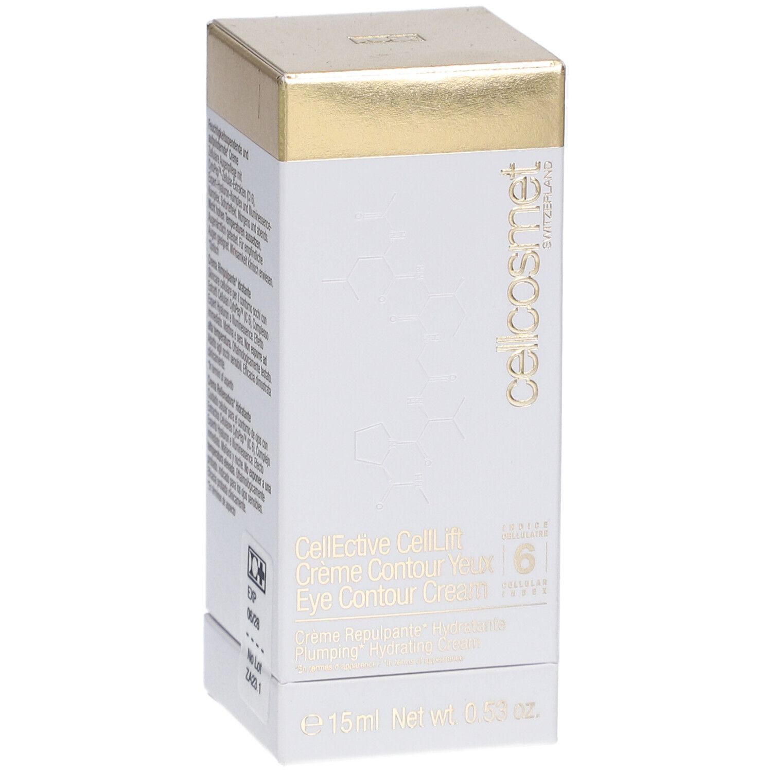 Weiße Schachtel mit goldfarbenem Deckel. Aufschrift: Cellcosmet, CellEctive CellLift Crème Contour Yeux Eye Contour Cream.