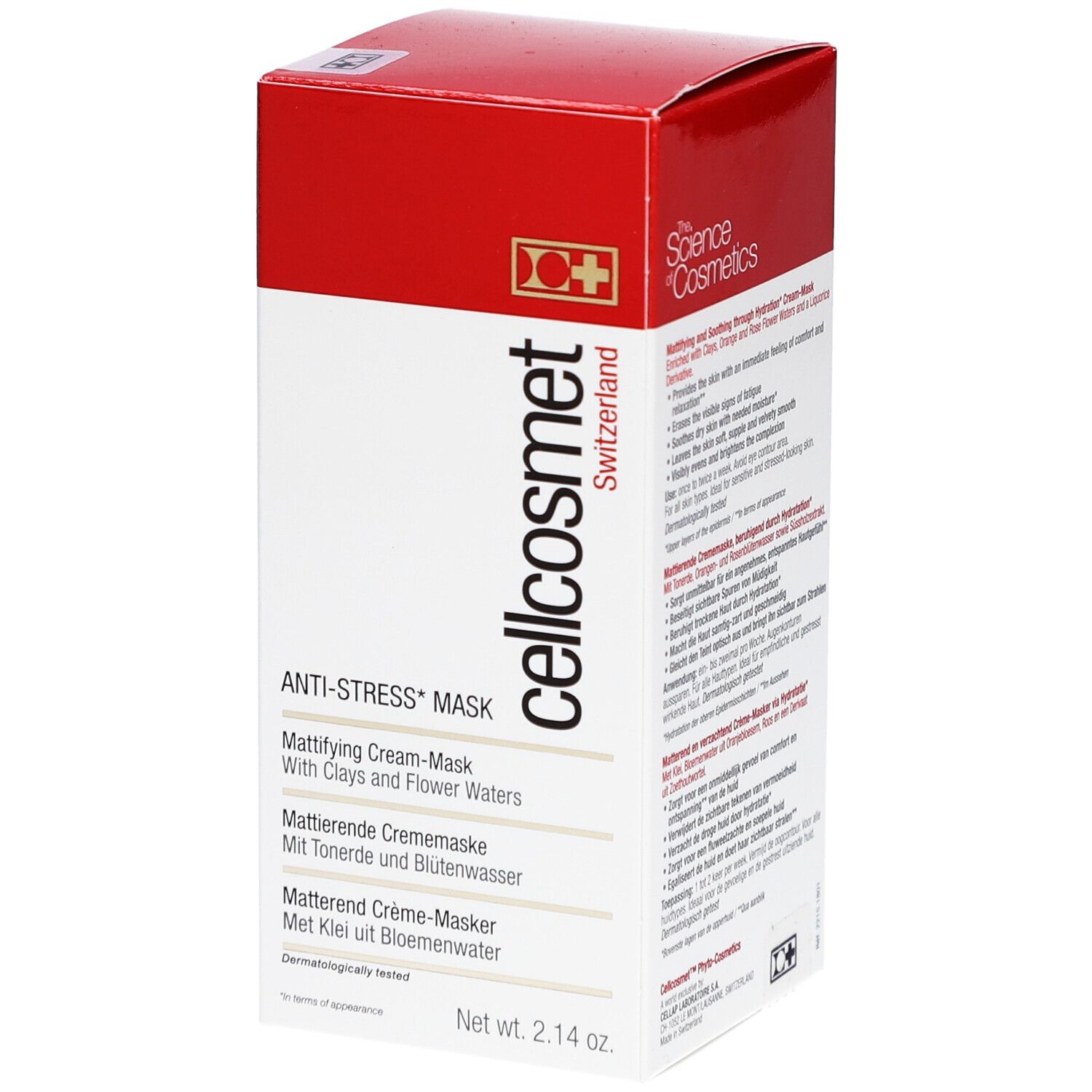 Cellcosmet Anti-Stress-Maske Verpackung. Rote und weiße Schachtel mit Produktinformationen und Logo. Nettoinhalt: 2.14 oz.