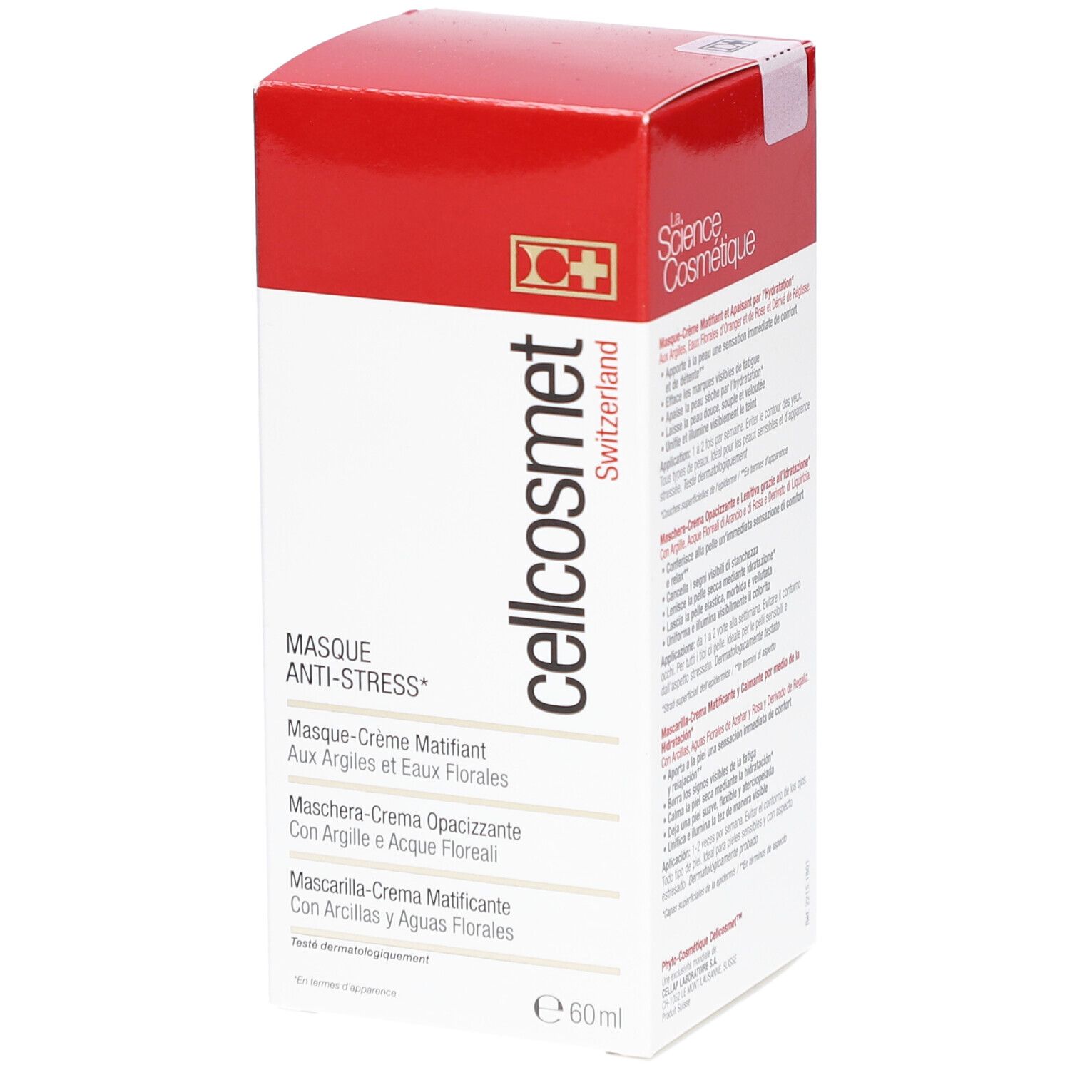 Cellcosmet Anti-Stress-Maske Verpackung. Rote und weiße Schachtel mit Produktinformationen und Logo. Volumen: 60 ml.