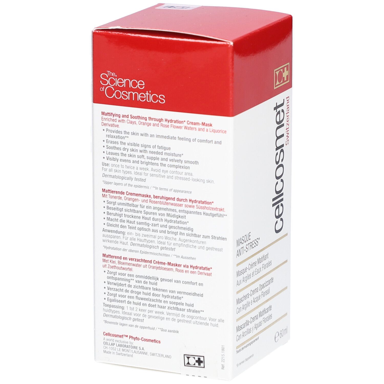 Rückseite der Cellcosmet Anti-Stress-Maske Verpackung. Rote und weiße Schachtel mit Text in mehreren Sprachen. Volumen: 60 ml.