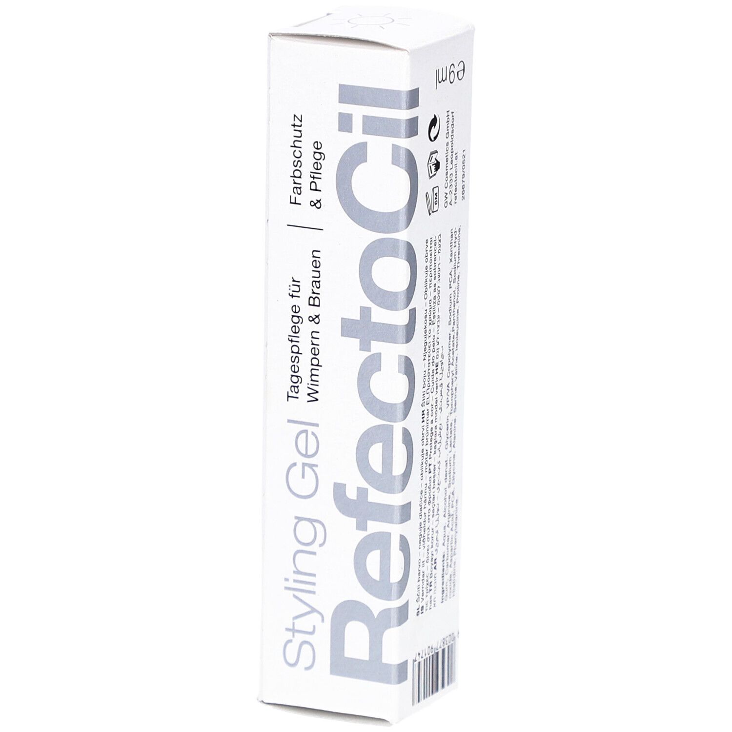 Weißer Karton mit RefectoCil Styling Gel. Text: Tagespflege für Wimpern & Brauen, Farbschutz & Pflege.