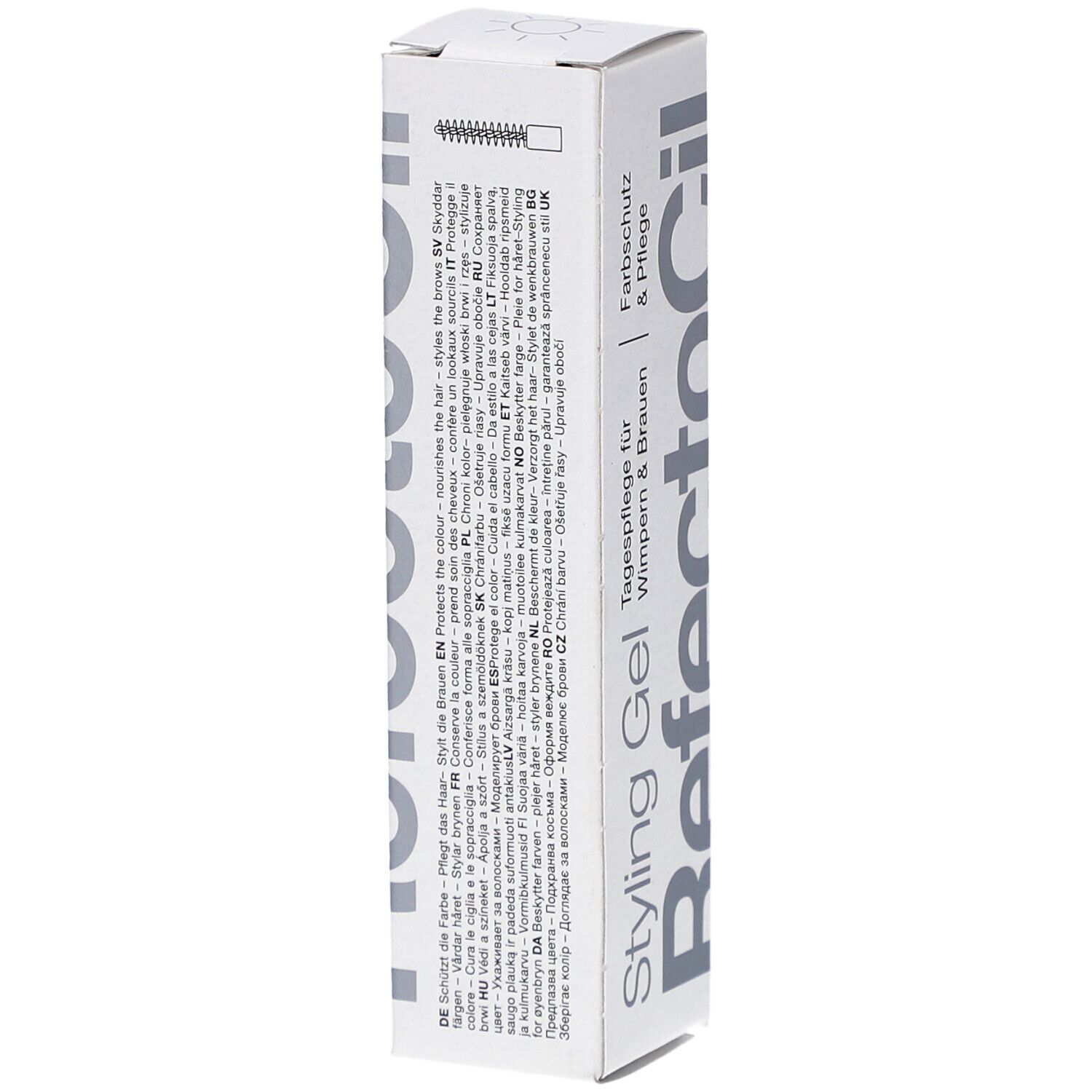 Weißer Karton RefectoCil Styling Gel. Text: Tagespflege für Wimpern & Brauen, Farbschutz & Pflege. Mehrsprachiger Text.