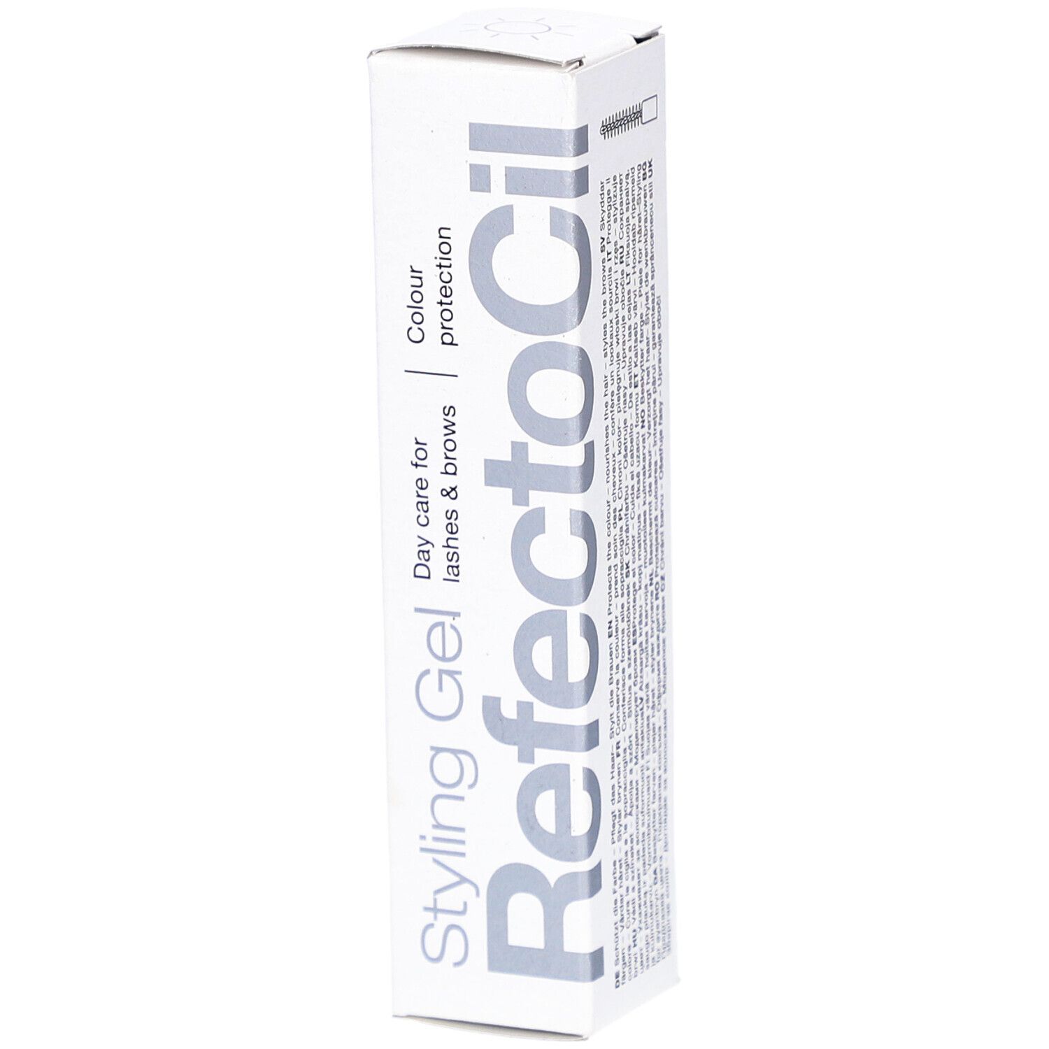 Weißer Karton RefectoCil Styling Gel. Text: Tagespflege für Wimpern & Brauen, Farbschutz. Produktname in Großbuchstaben.