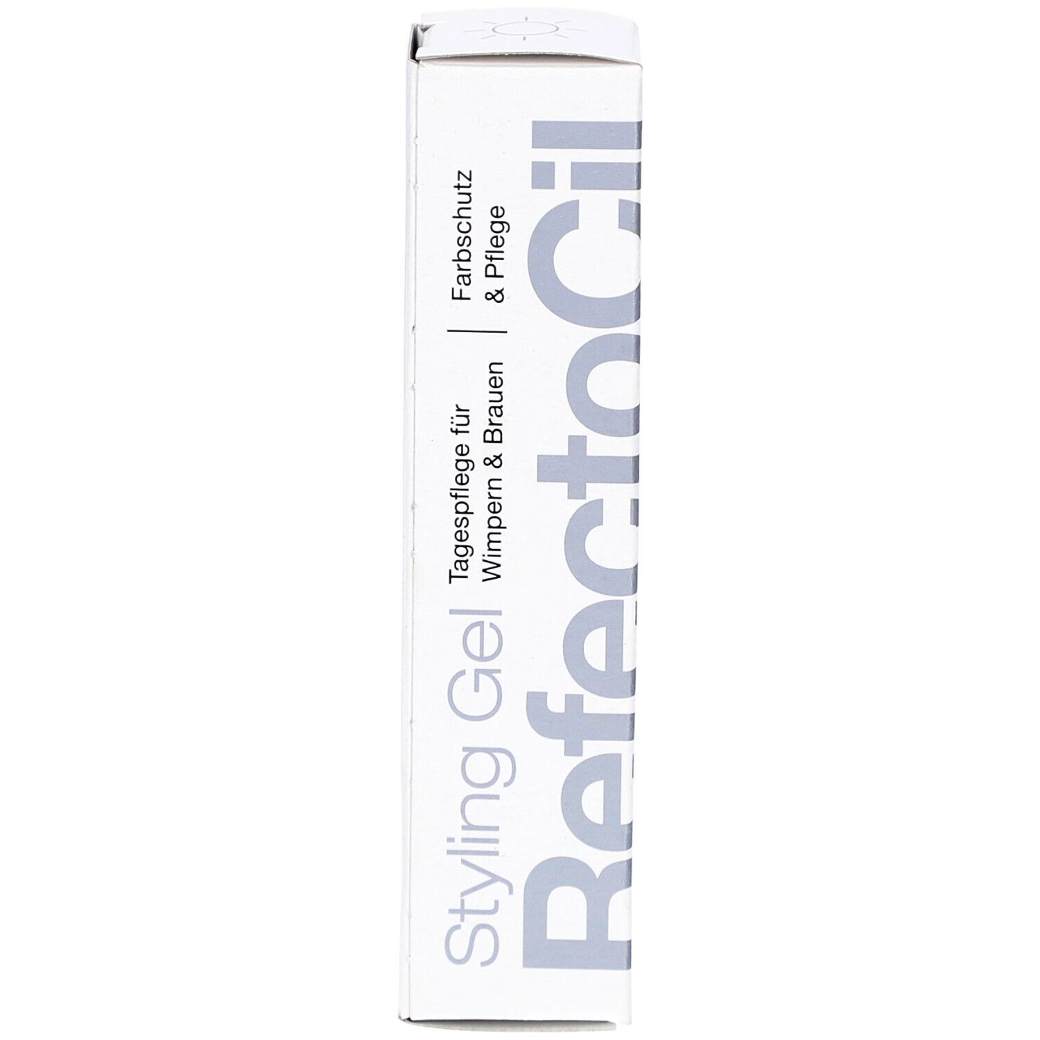 Weißer Karton RefectoCil Styling Gel. Text: Tagespflege für Wimpern & Brauen, Farbschutz & Pflege. Produkt im Hochformat.