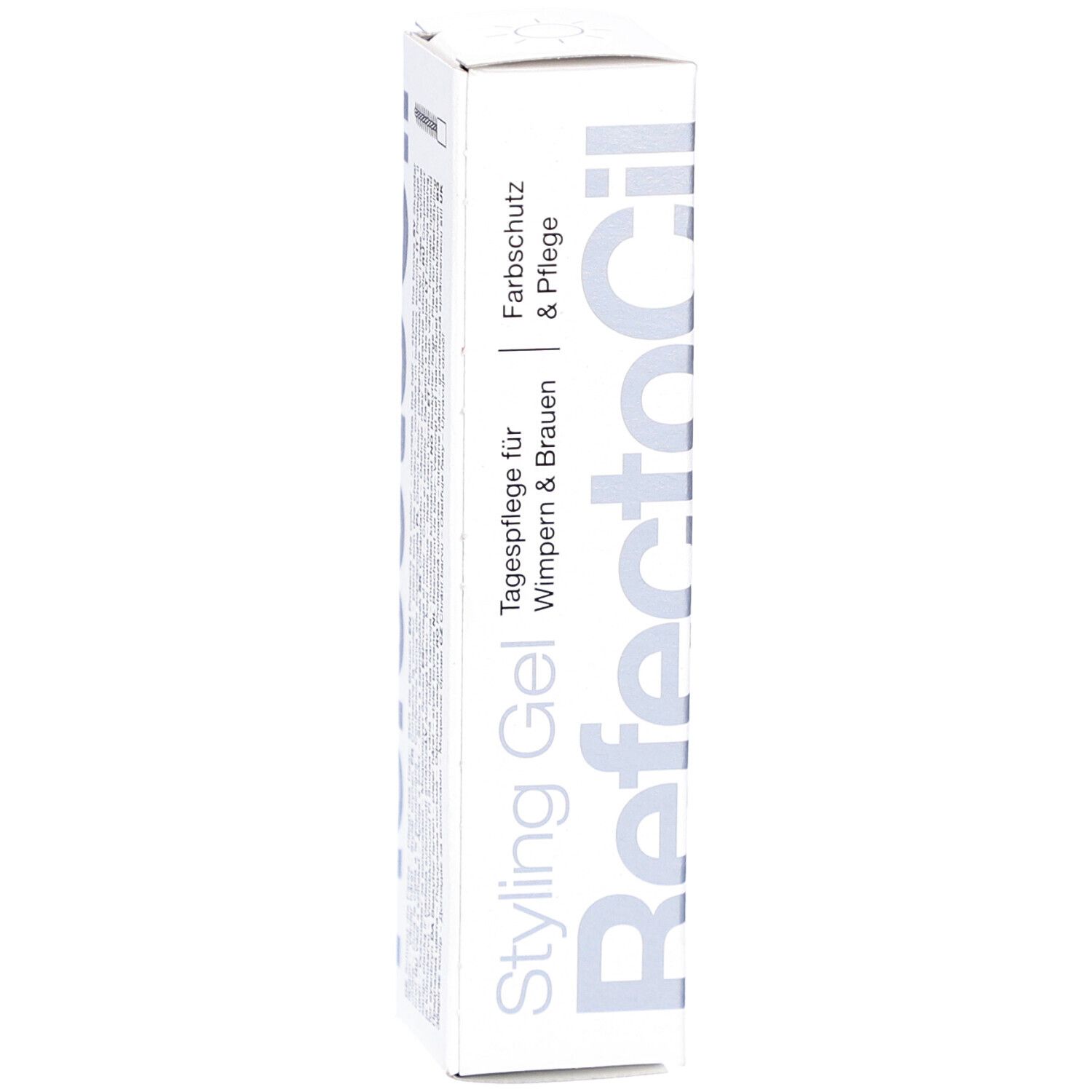 Weißer Karton RefectoCil Styling Gel. Text: Tagespflege für Wimpern & Brauen, Farbschutz & Pflege. Produkt im Hochformat.