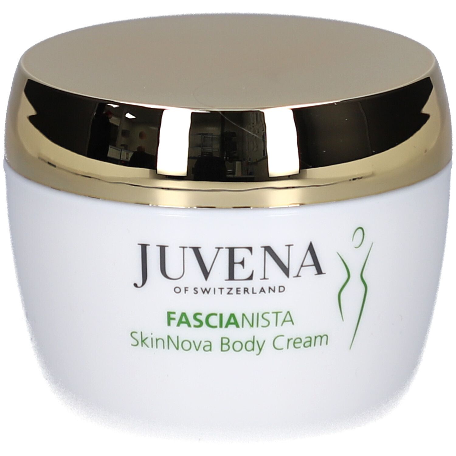 Weißer Tiegel mit goldenem Deckel. Aufschrift: Juvena, Fascionista SkinNova Body Cream. Grünes Logo.