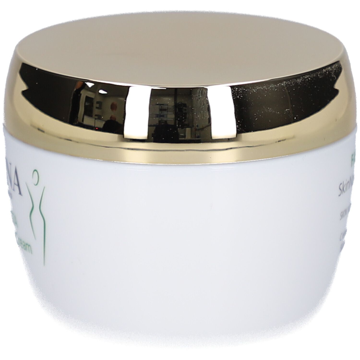 Weißer Tiegel mit goldenem Deckel. Aufschrift nicht sichtbar.