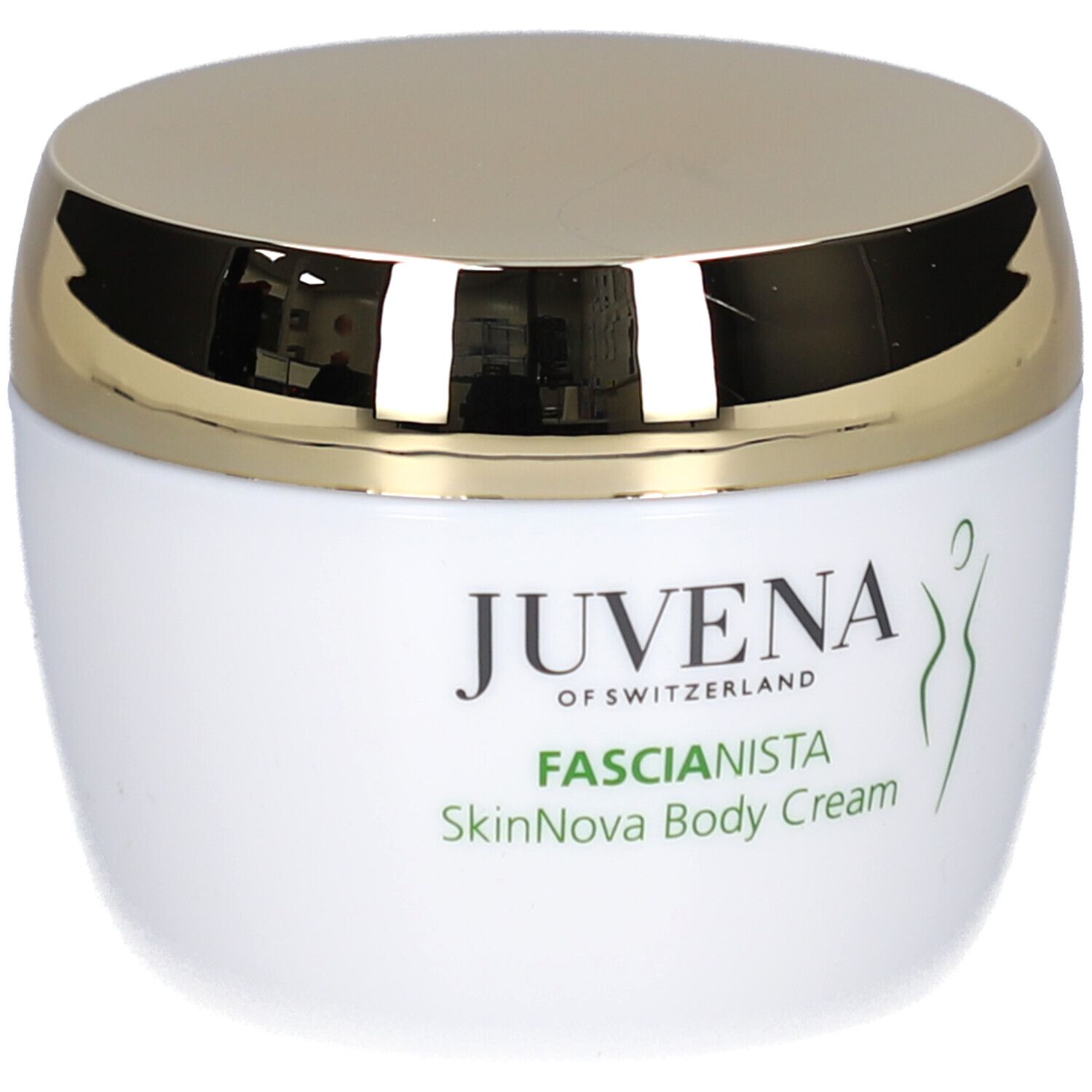 Weißer Tiegel mit goldenem Deckel. Aufschrift: Juvena, Fascionista SkinNova Body Cream. Grünes Logo.