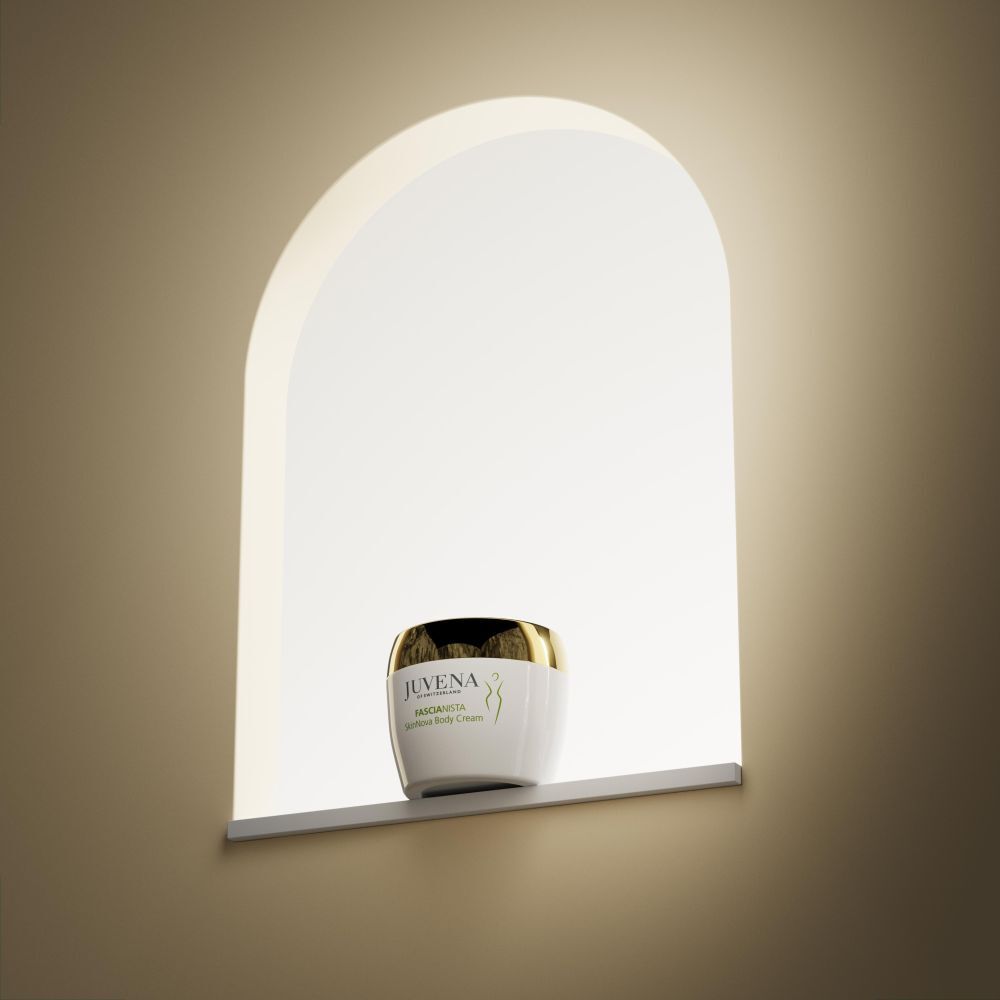 Cremetiegel in einer Nische. Weiß mit goldenem Deckel. Aufschrift: Juvena, Fascionista.