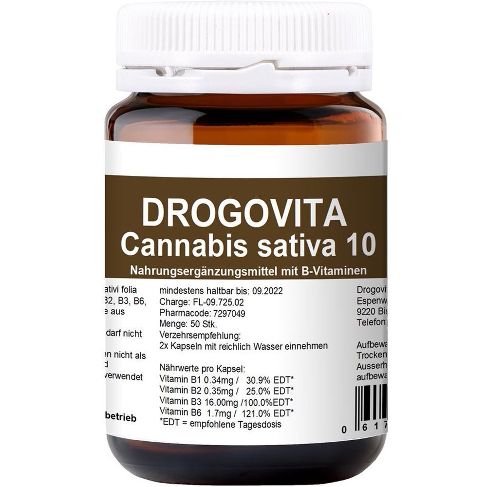 Braune Glasflasche mit weißen Deckel. Aufschrift: DROGOVITA Cannabis sativa 10. Nahrungsergänzungsmittel mit B-Vitaminen. Etikett mit Nährwertangaben.