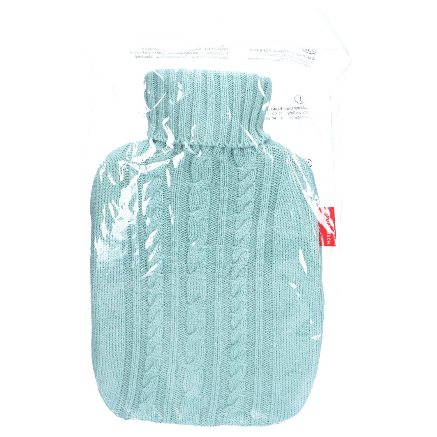 Wärmflasche mit Strickbezug, pastellblau, in Folienverpackung.