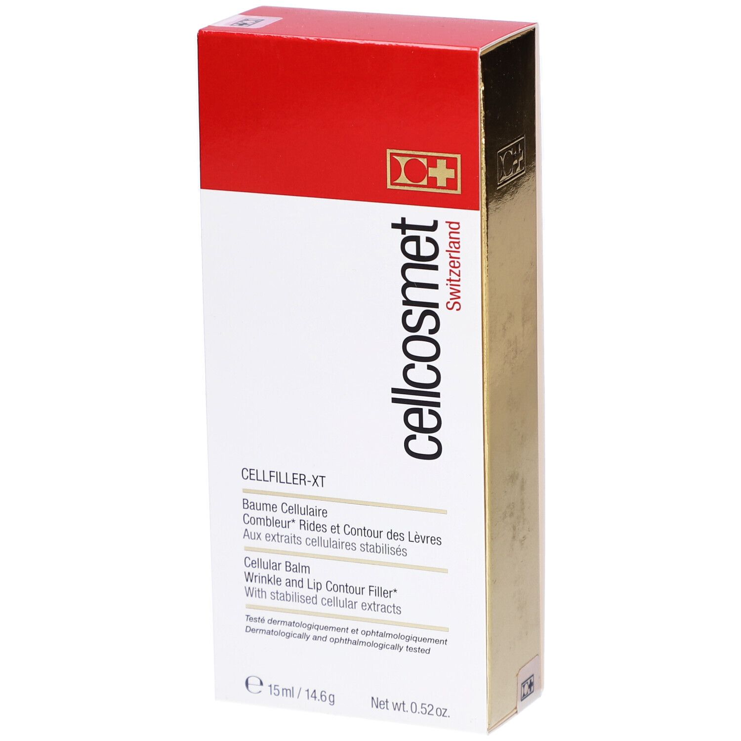 Verpackung von Cellcosmet Cellfiller-XT. Rot-goldene Schachtel mit Produktinformationen und Logo.