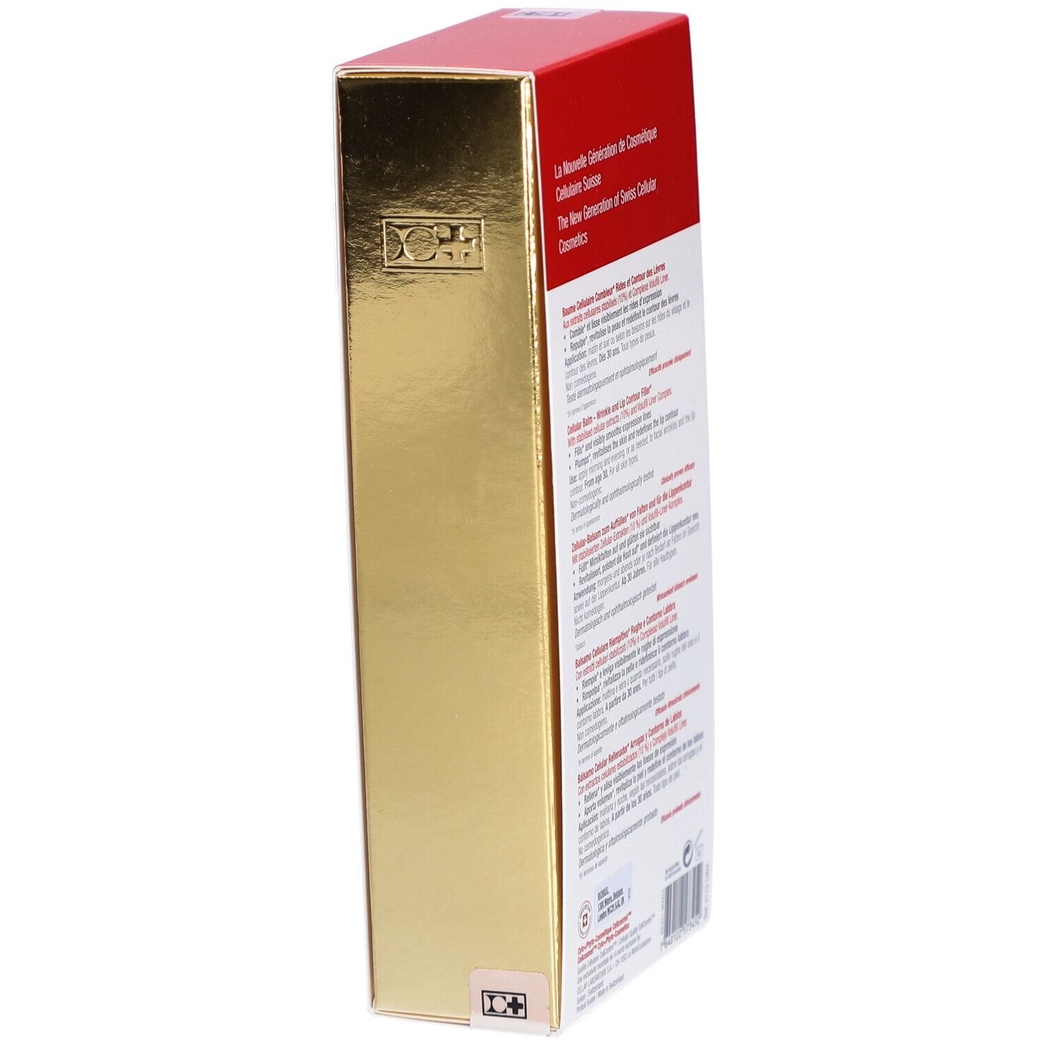 Cellcosmet Cellfiller-XT Verpackung, Seitenansicht. Goldene und rote Farben, Produktinformationen.
