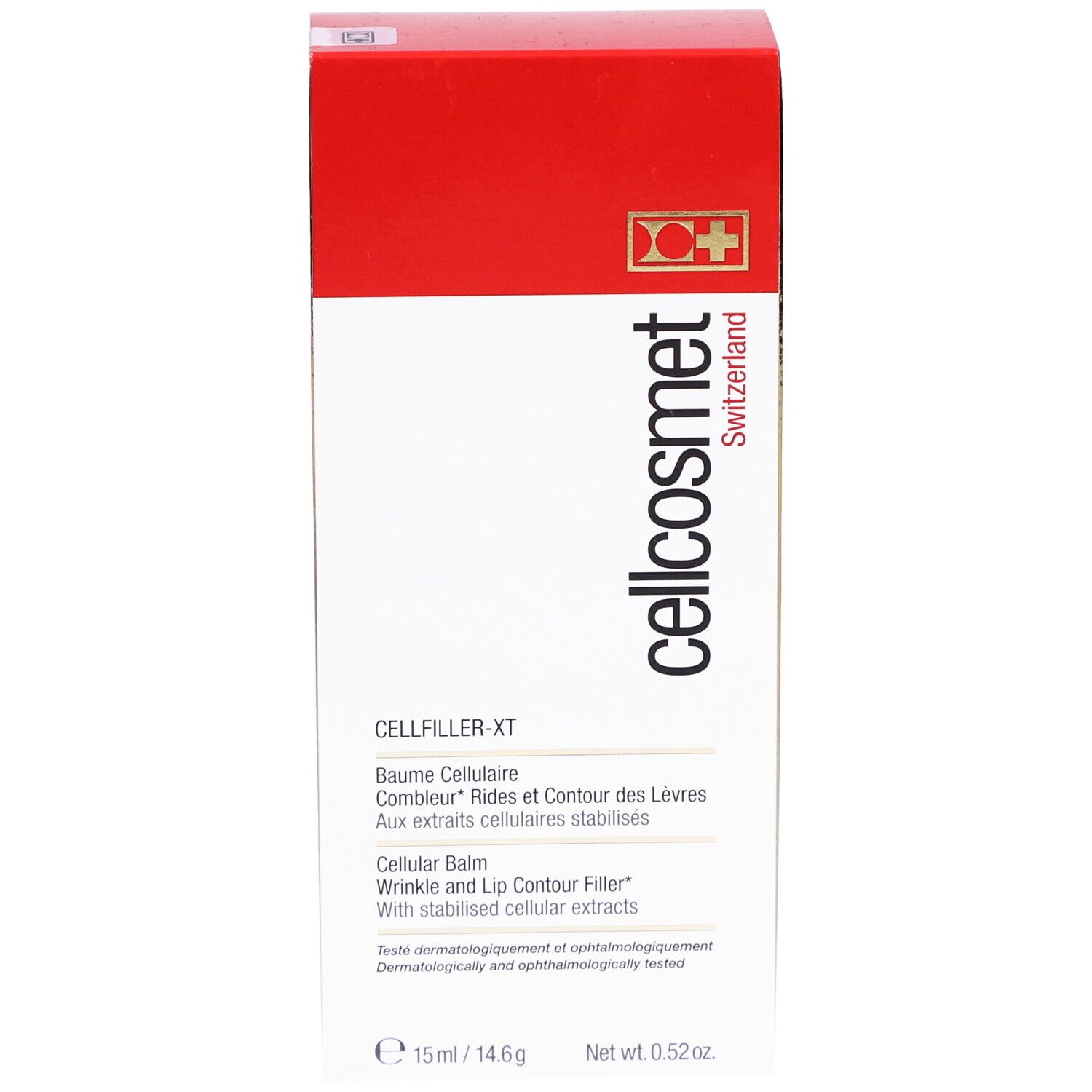 Cellcosmet Cellfiller-XT Verpackung. Rote und goldene Schachtel mit Produktinformationen und Logo.