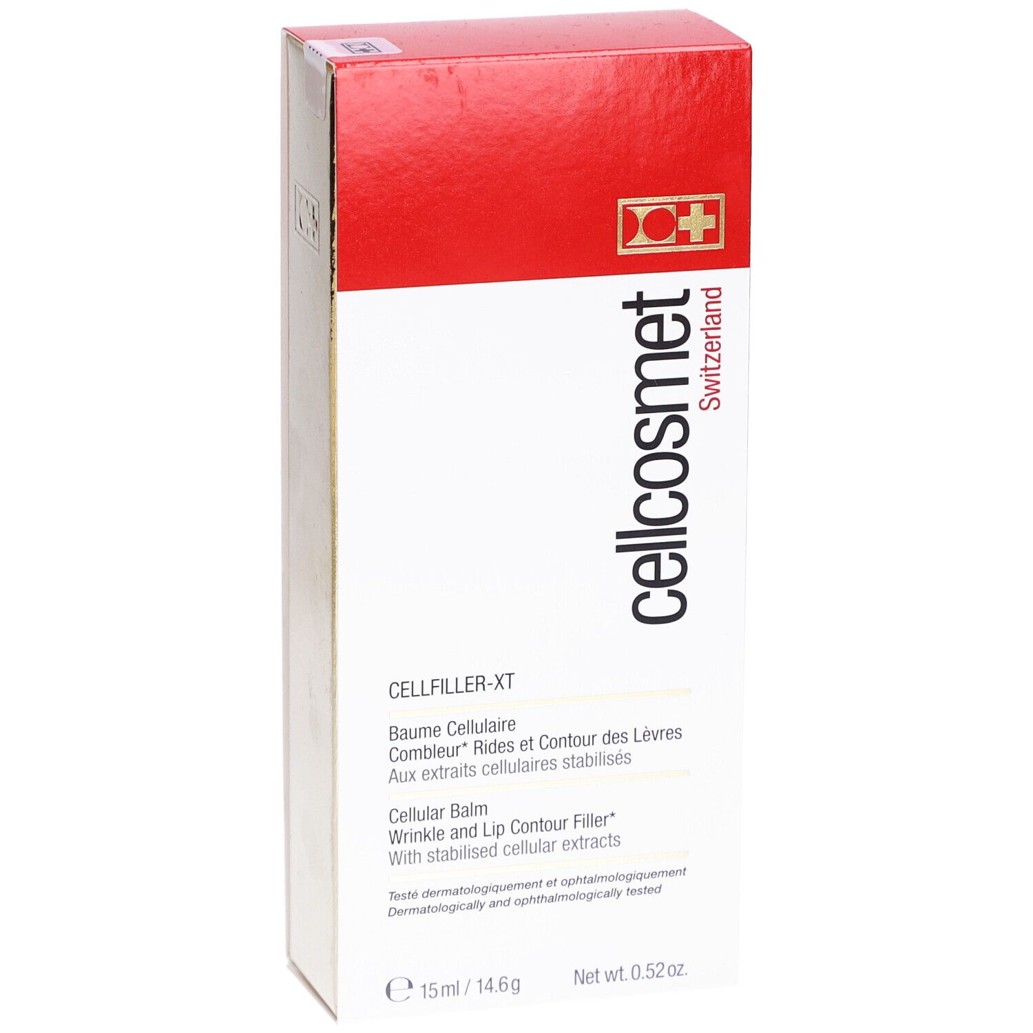 Cellcosmet Cellfiller-XT Verpackung. Rote und goldene Schachtel mit Produktinformationen und Logo.