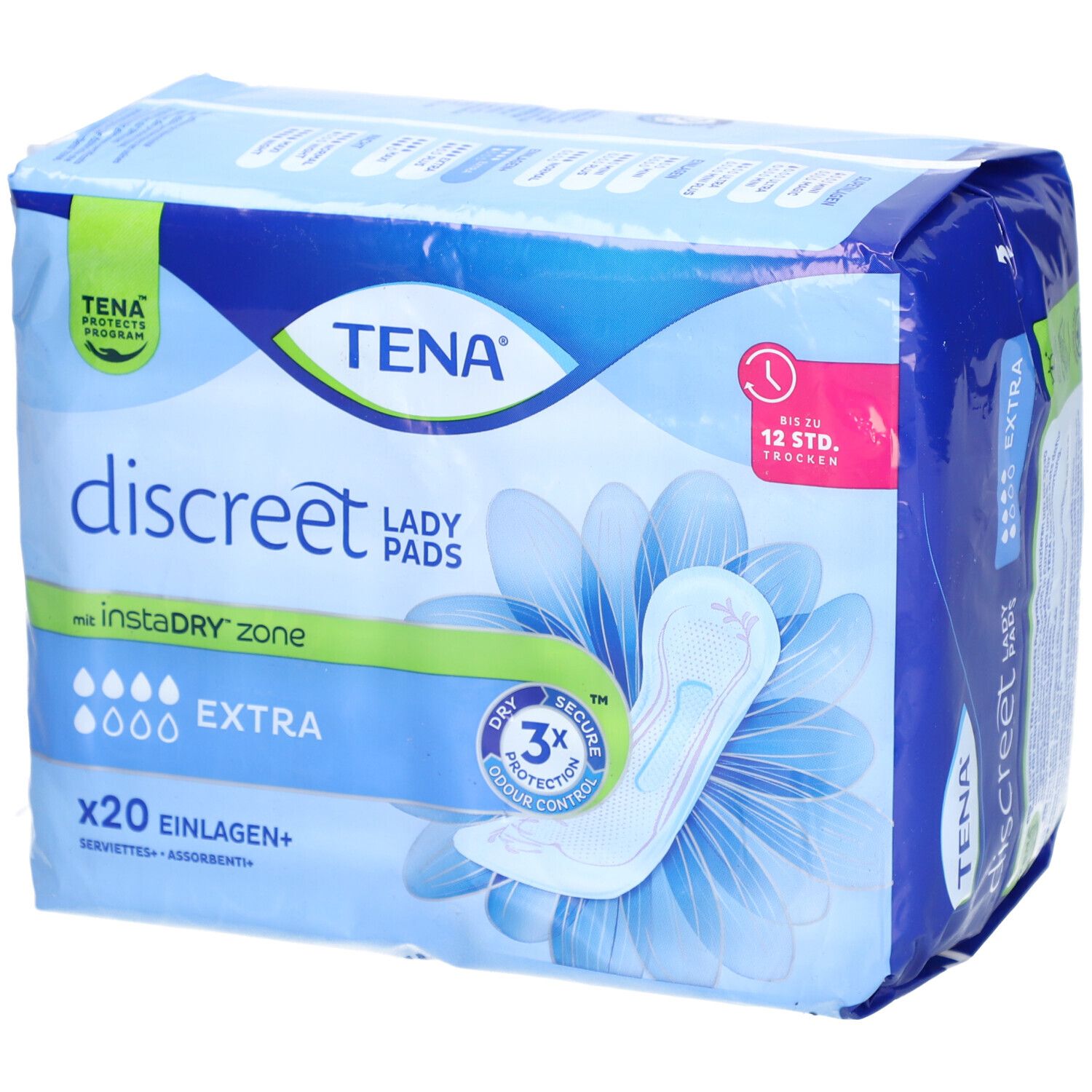Verpackung TENA Discreet Lady Pads Extra. Blaue Verpackung mit Produktabbildung und Schriftzug. Enthält 20 Einlagen.