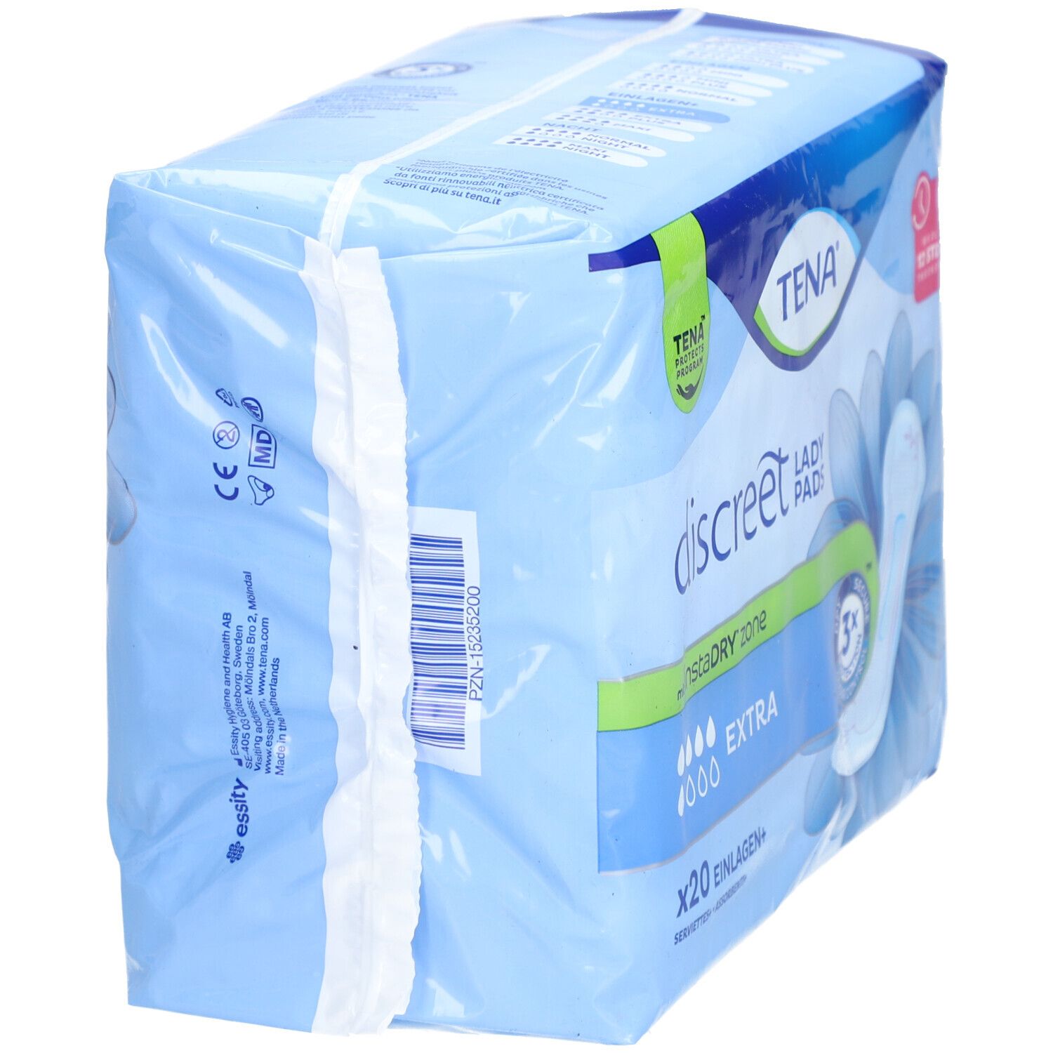 Verpackung TENA Discreet Lady Pads Extra. Blaue Verpackung, Seitenansicht. Produktname und Eigenschaften sind sichtbar.