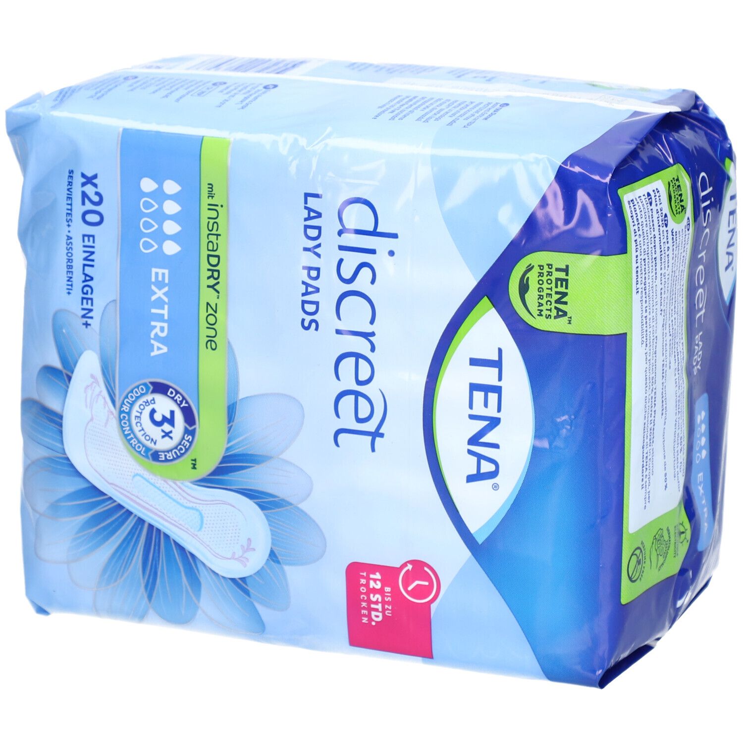 Verpackung TENA Discreet Lady Pads Extra. Blaue Verpackung mit Produktabbildung und Schriftzug. Enthält 20 Einlagen.