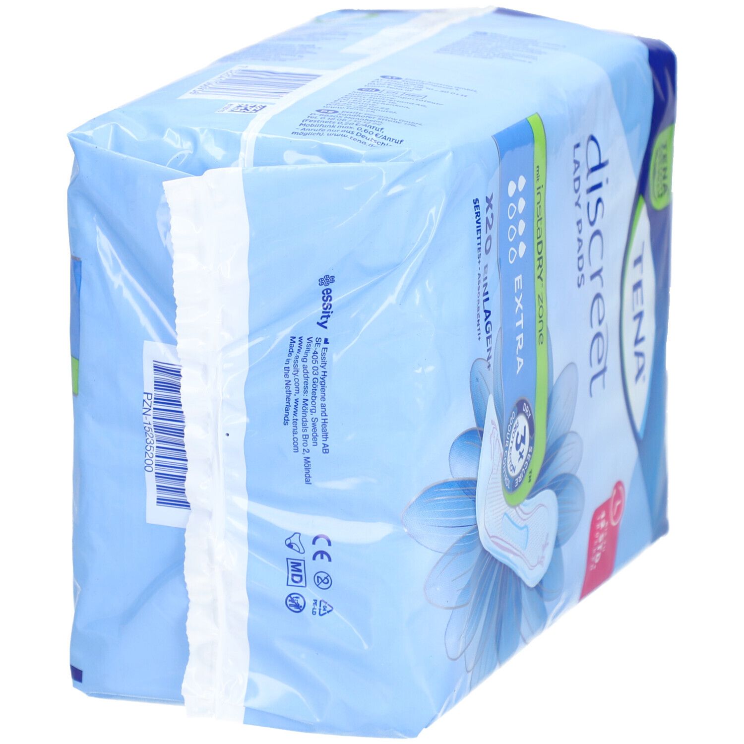 Verpackung TENA Discreet Lady Pads Extra. Blaue Verpackung, Seitenansicht. Produktname und Eigenschaften sind sichtbar.